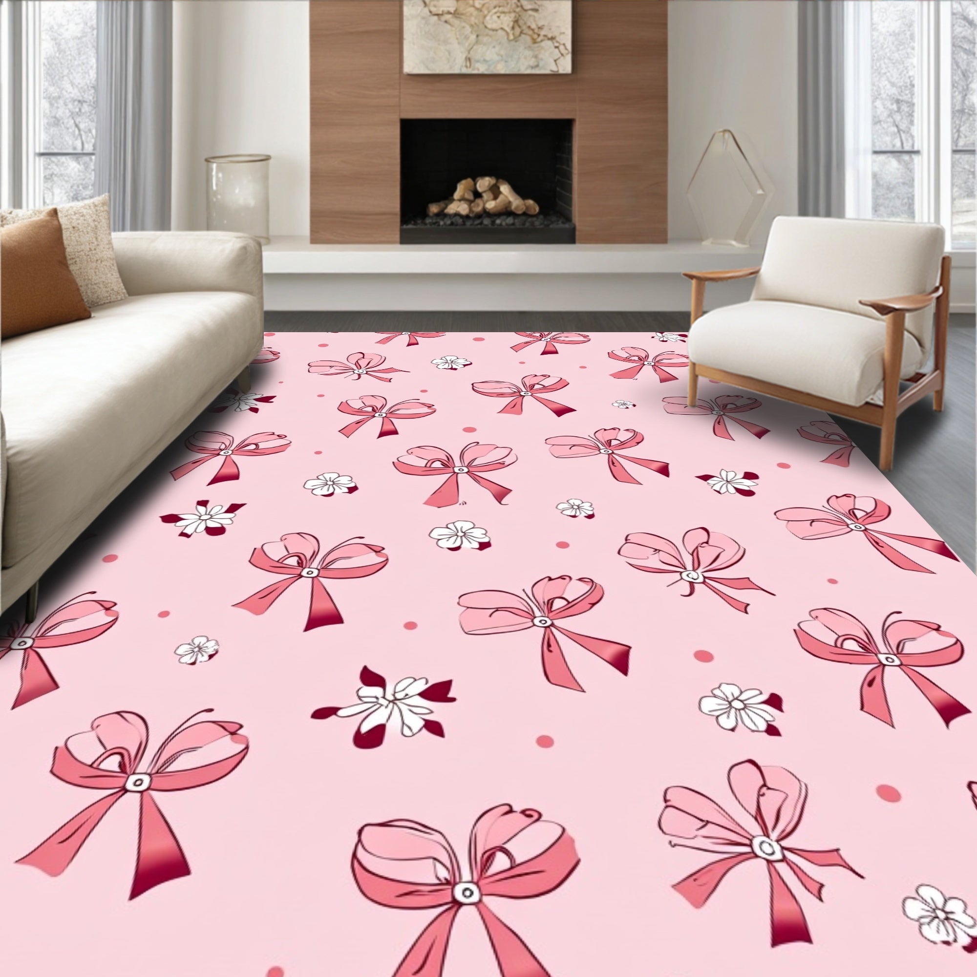 Pink Bows And Floral Pattern Rug
