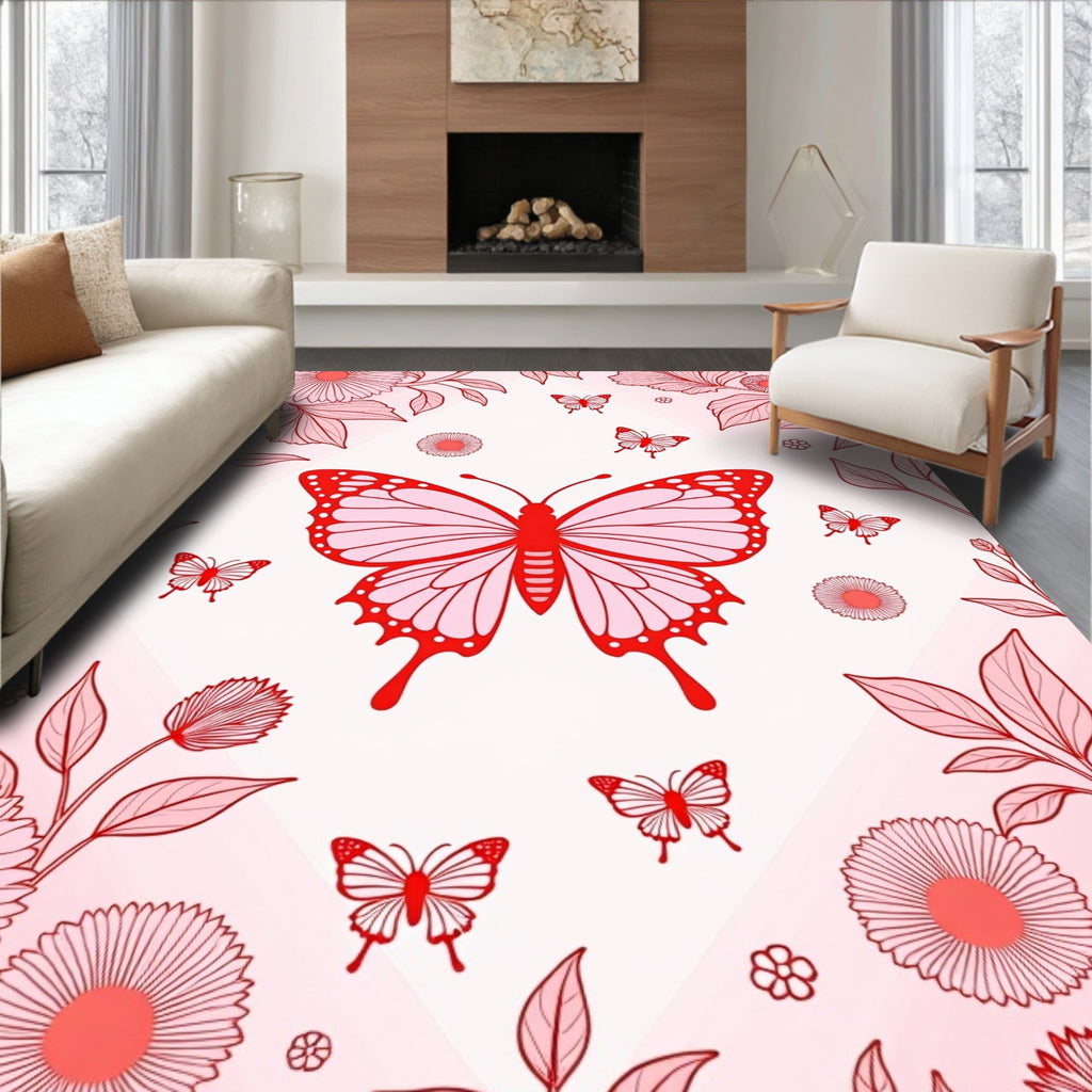 Red Butterfly and Floral Petal Pattern Rug