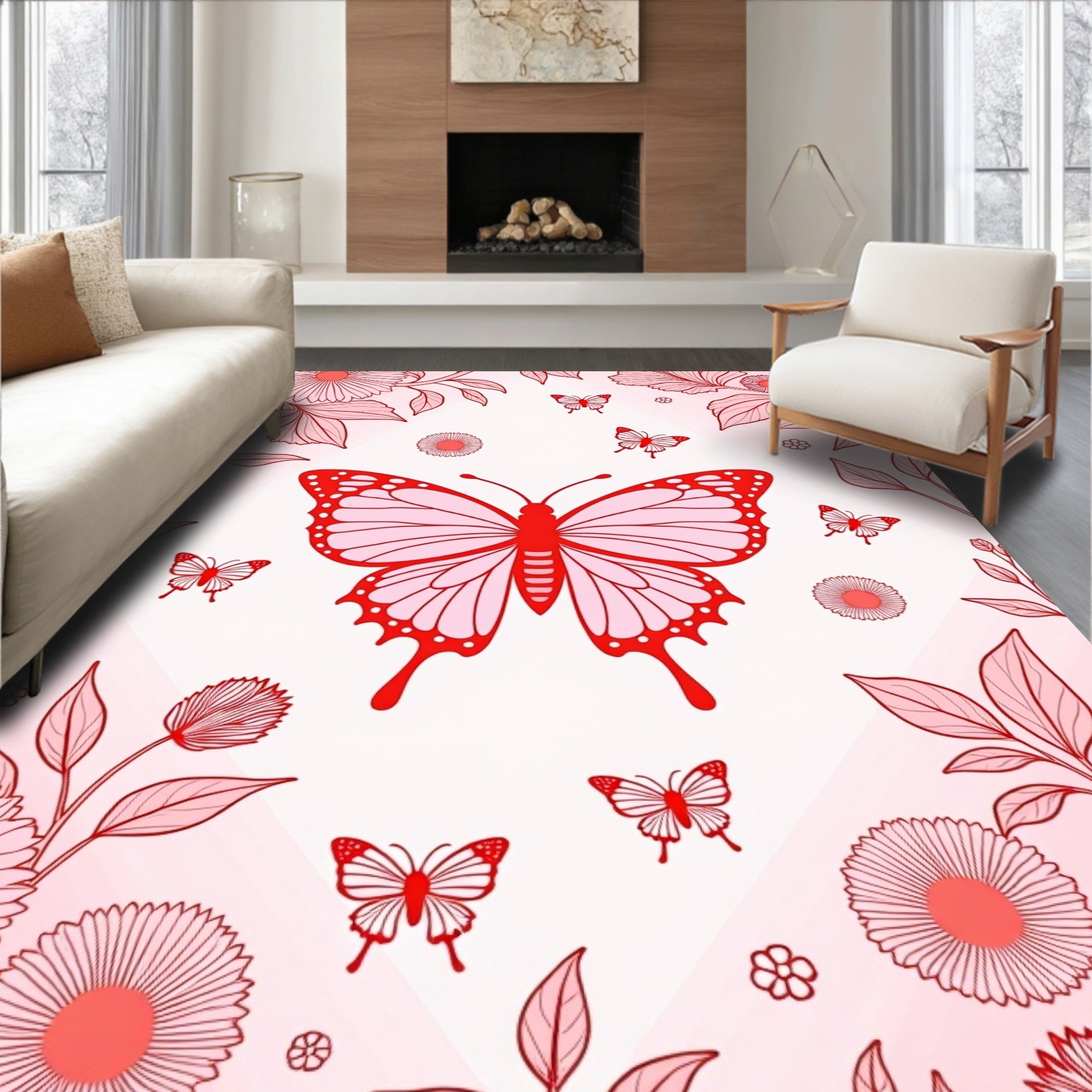 Red Butterfly and Floral Petal Pattern Rug