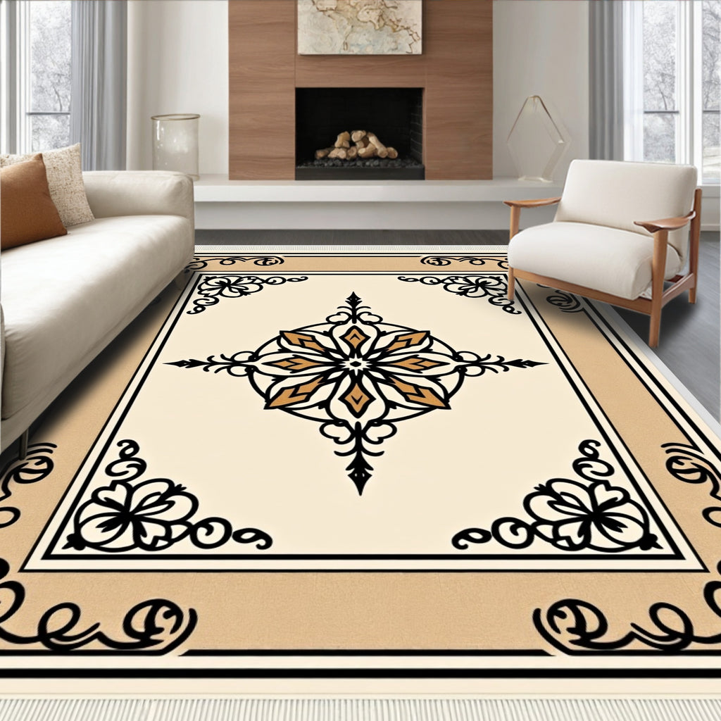 Cream Black Gold Floral Medallion Rug