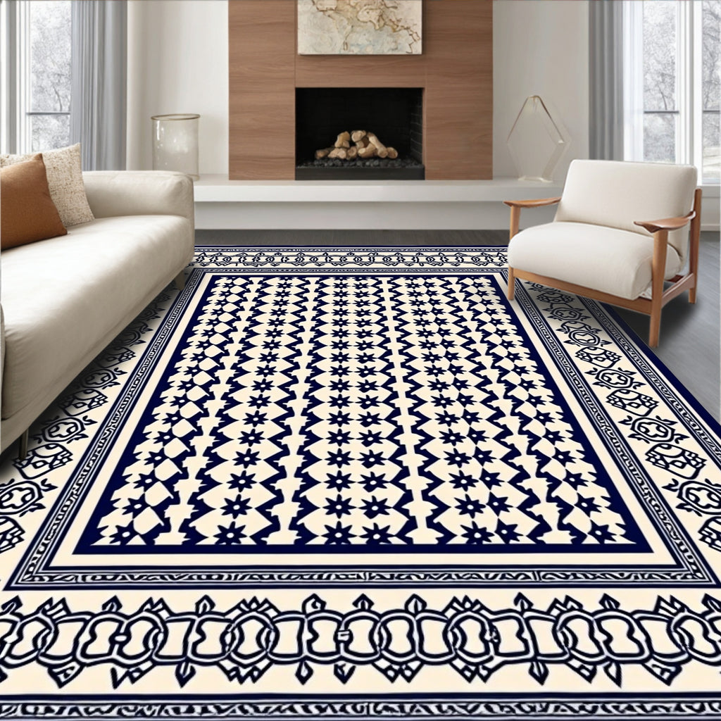 Classic Navy Starburst Geometric Border Rug