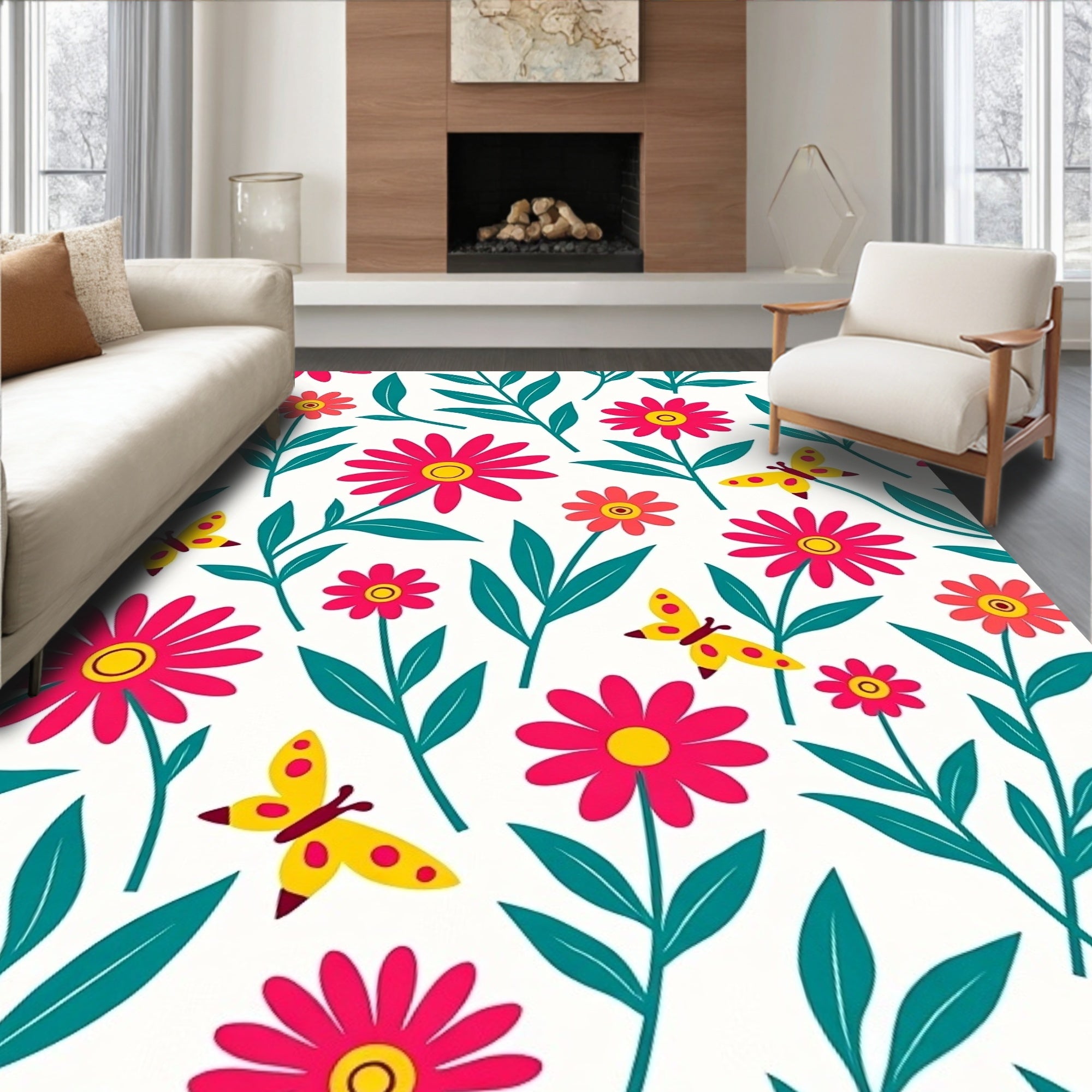 Bold Floral And Butterfly Pattern Rug