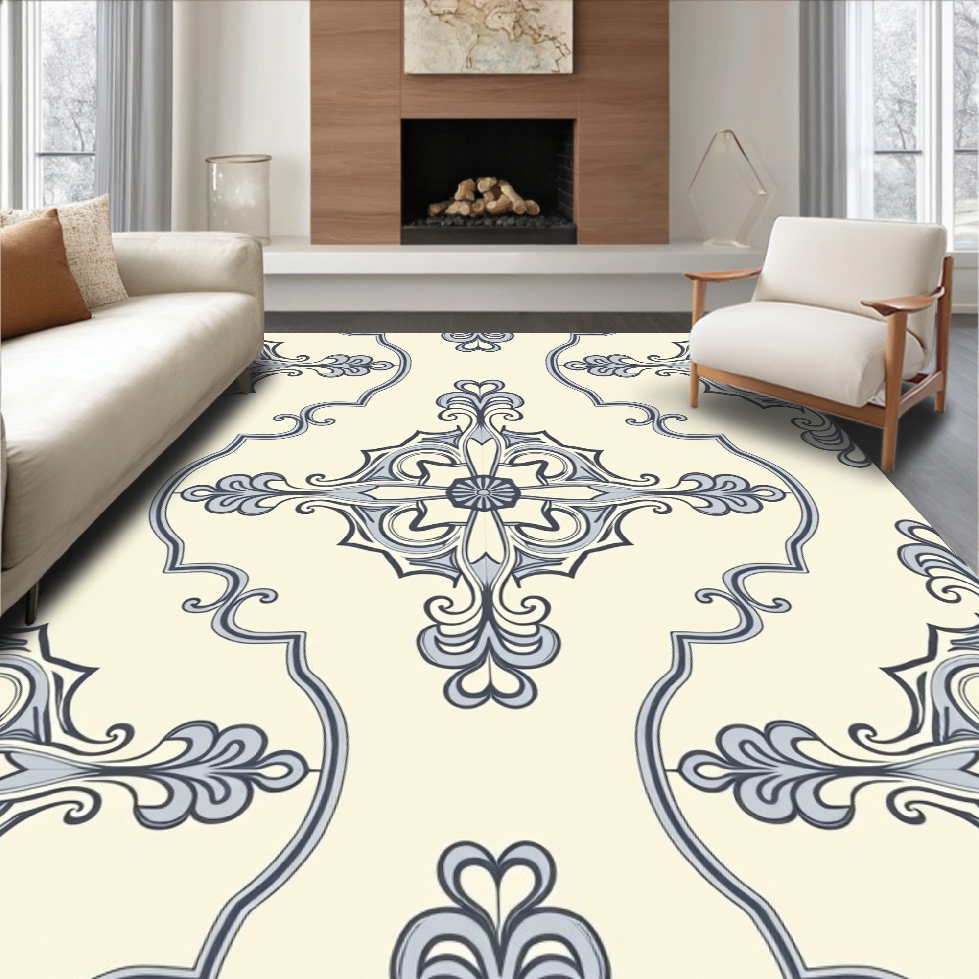Cream And Grey Intricate Filigree Pattern Rug