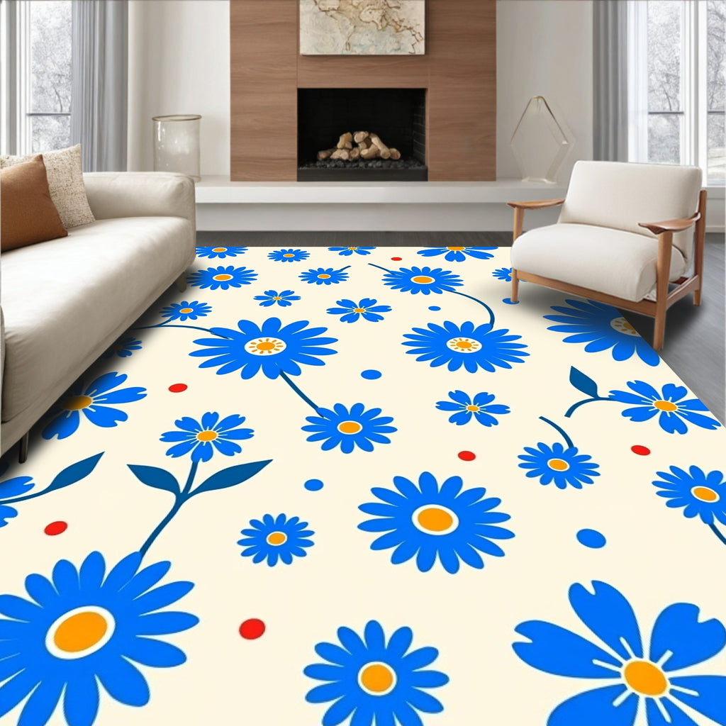 Bold Blue Daisy Pattern Rug