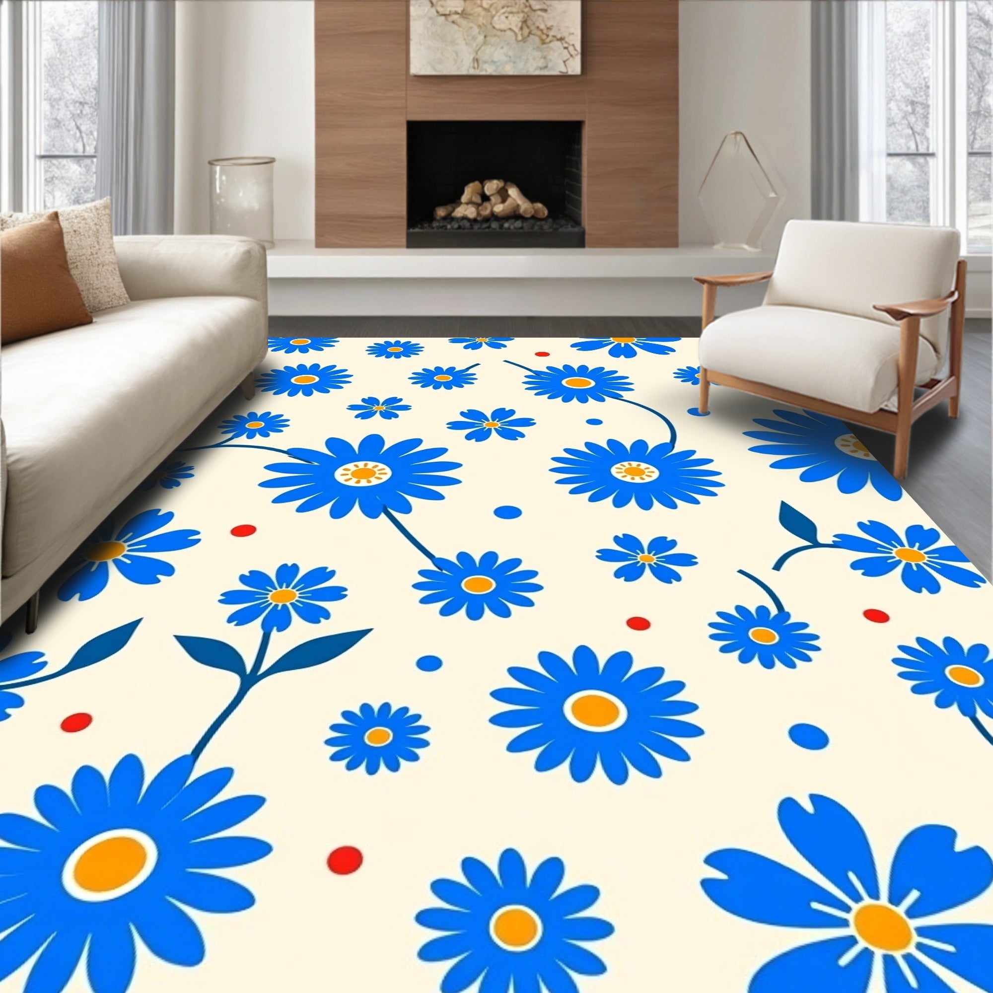 Bold Blue Daisy Pattern Rug