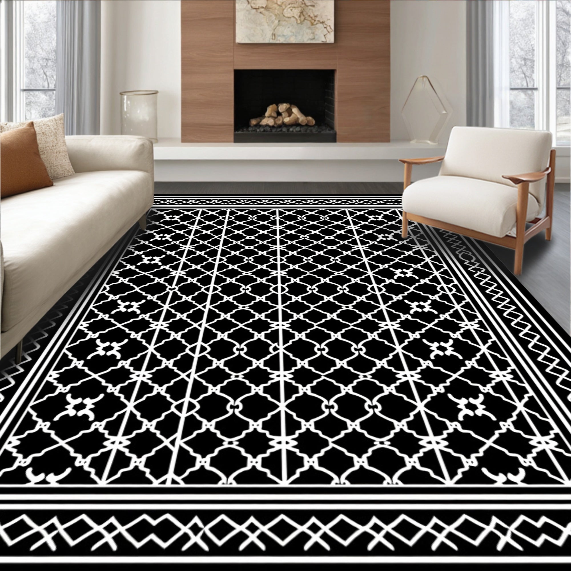 Black White Geometric Lattice Border Rug