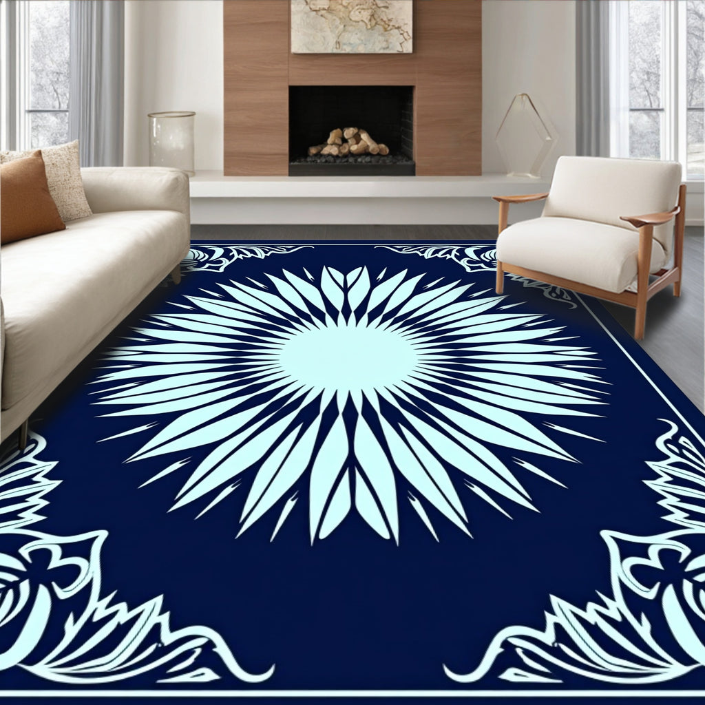 Navy Blue Sunburst Floral Frame Rug