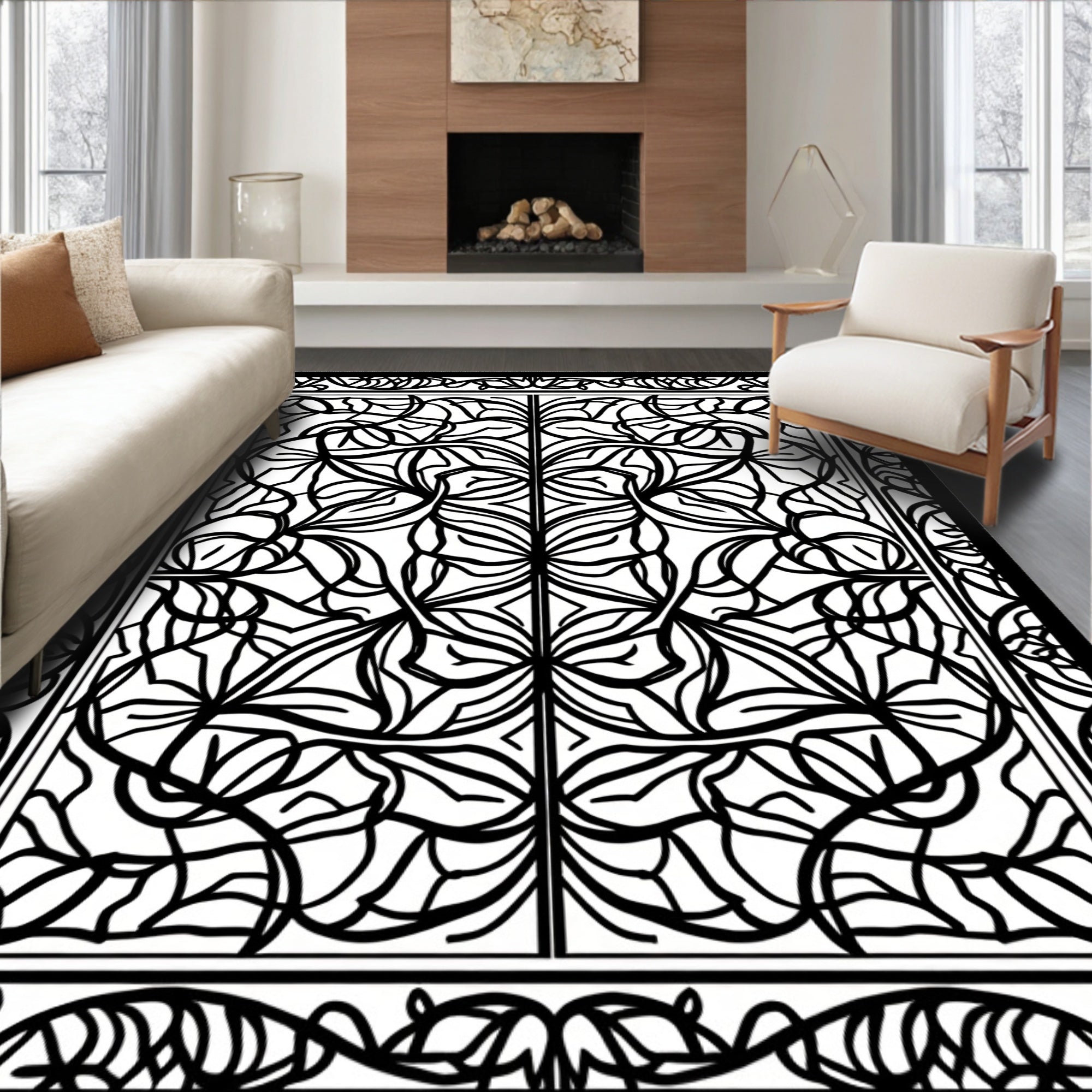 Intricate Leaf Scroll Patterned Design Rug