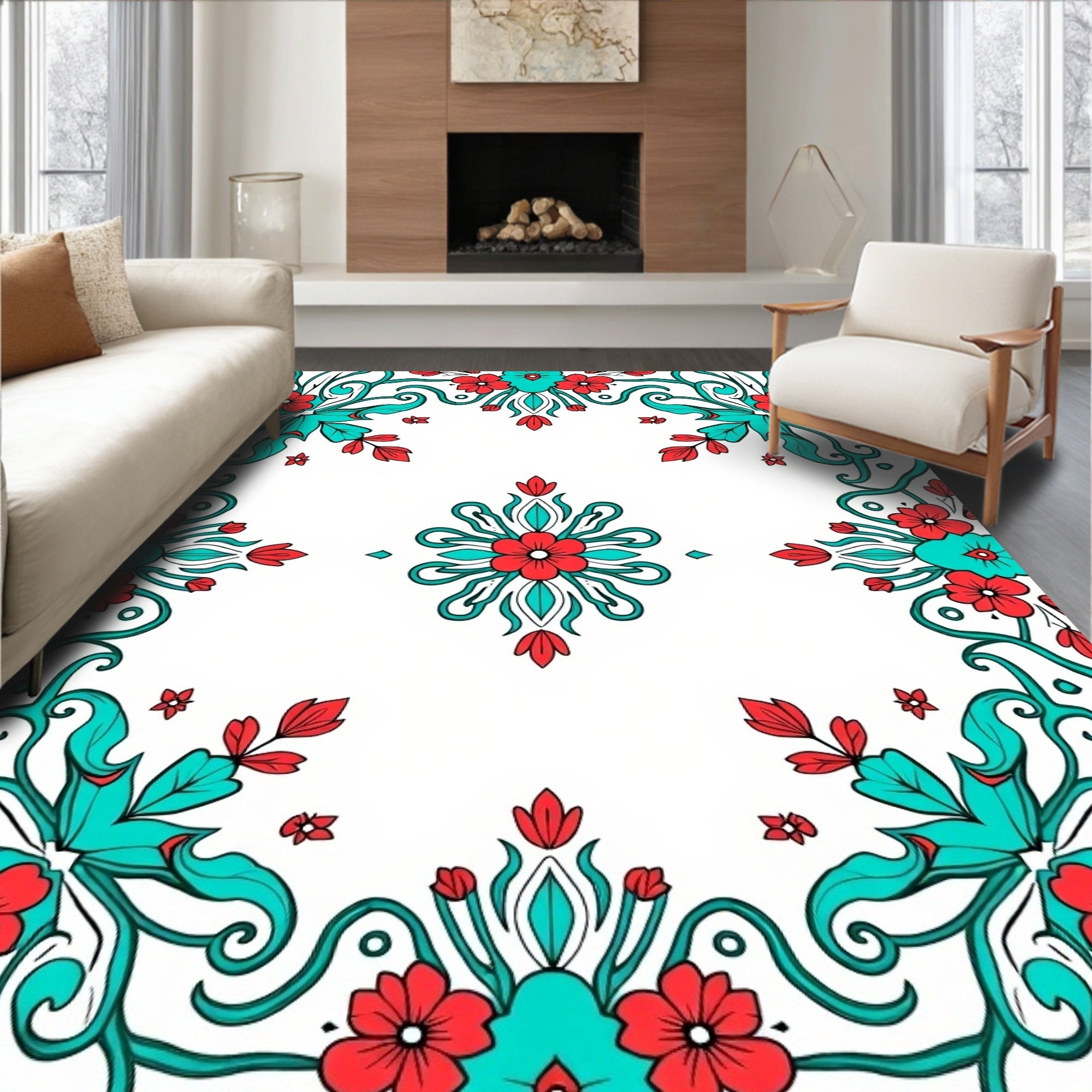 Red Teal Floral Vining Pattern Rug