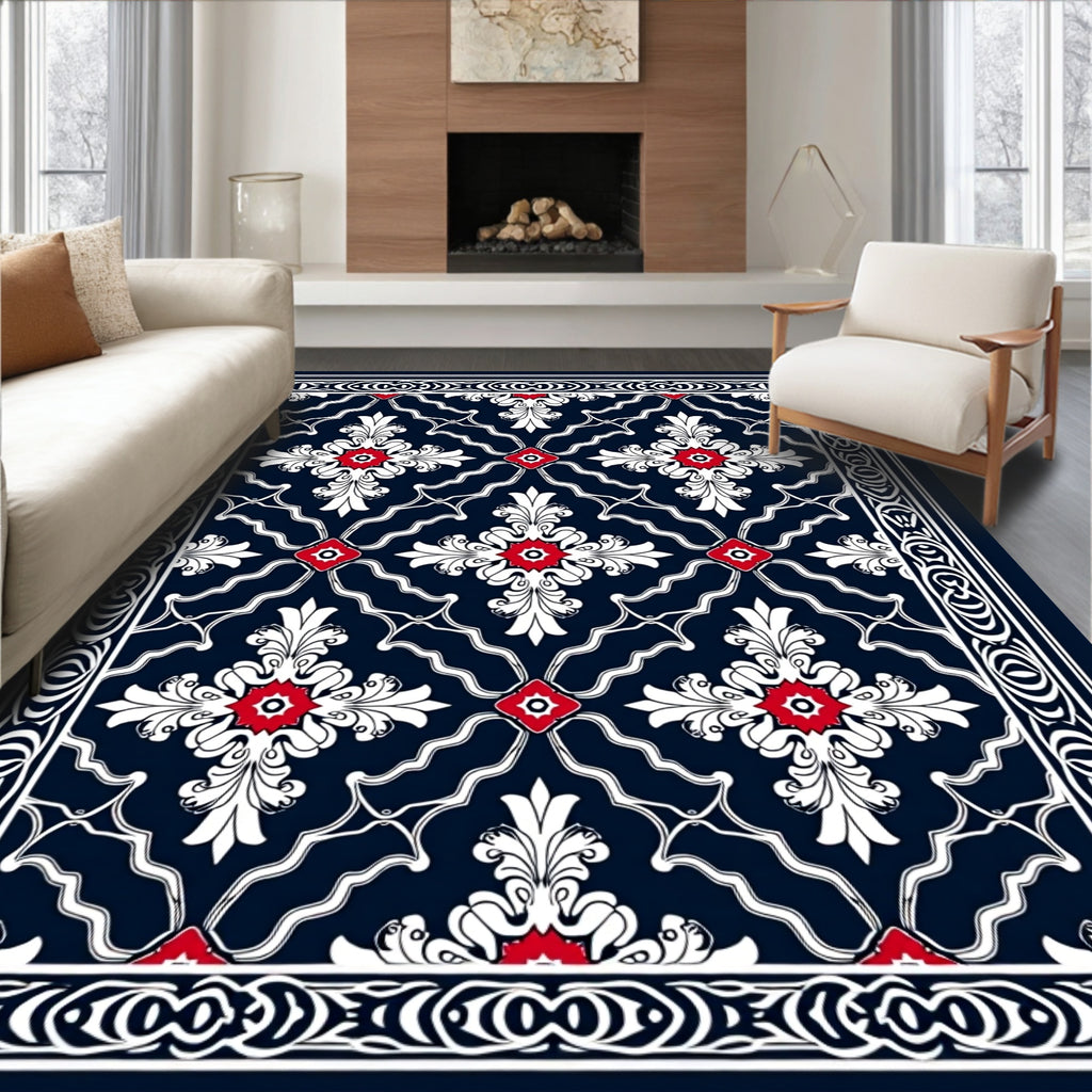 Navy White Red Floral Medallion Pattern Rug