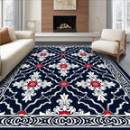 Navy White Red Floral Medallion Pattern Rug