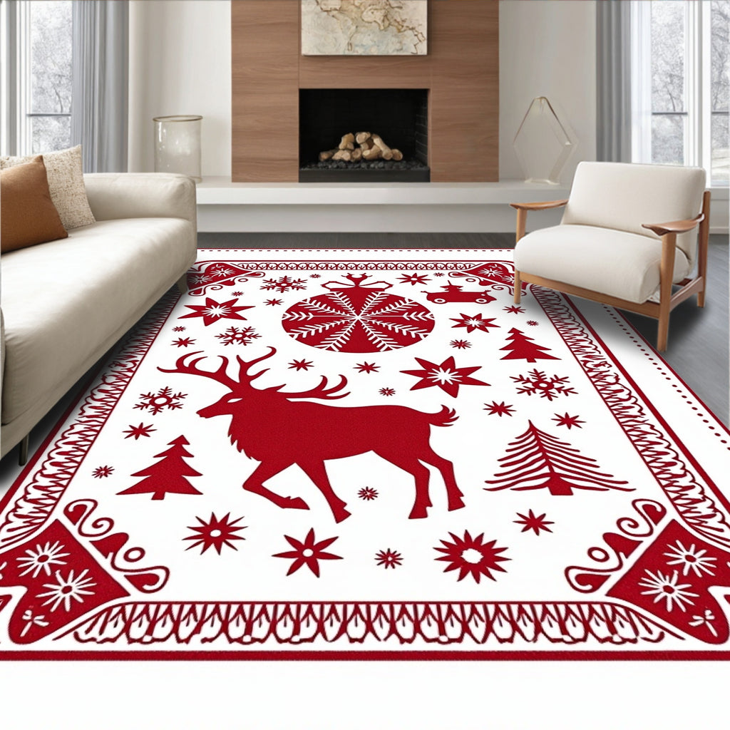 Red Christmas Deer Ornament Snowflake Trees Rug