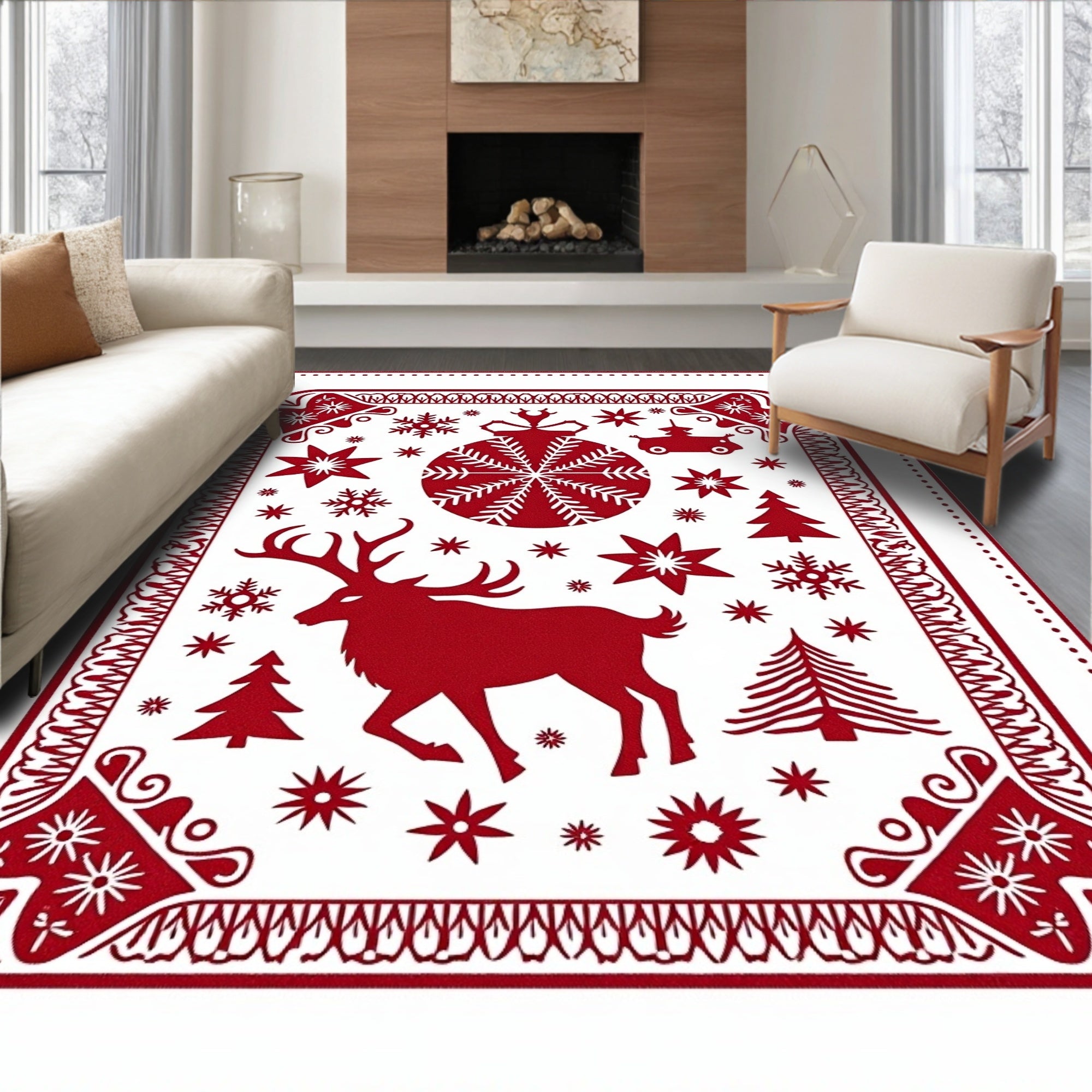 Red Christmas Deer Ornament Snowflake Trees Rug