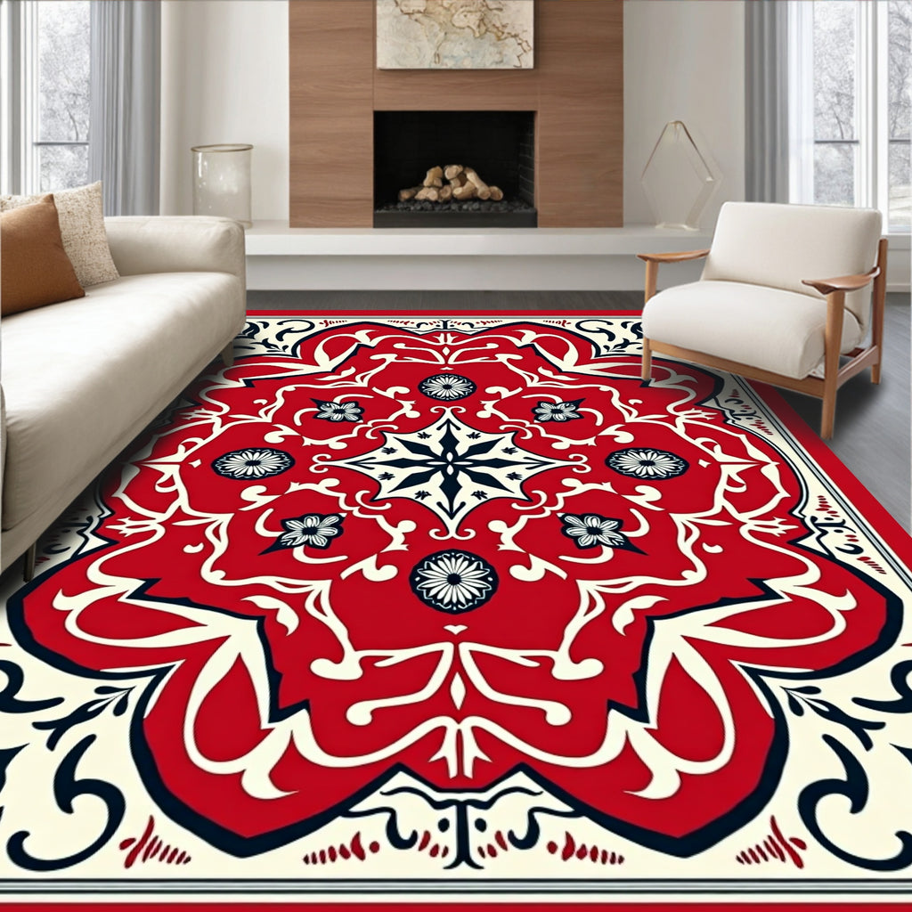 Bold Red Cream Floral Medallion Rug