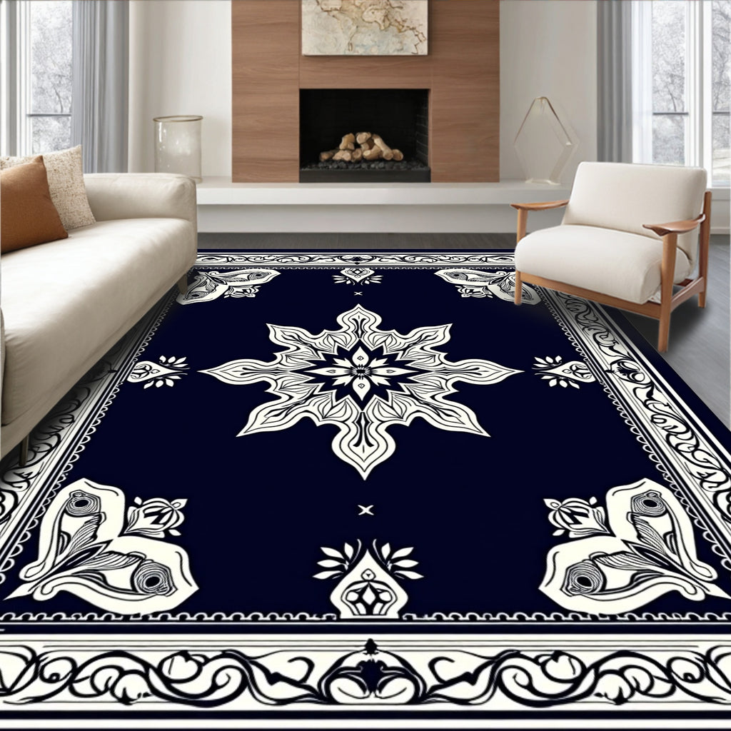 Ornate Indigo Mandala Reflection Design Rug