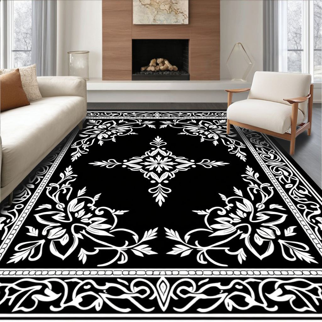 Ornate Floral Scrollwork Black and White Rug