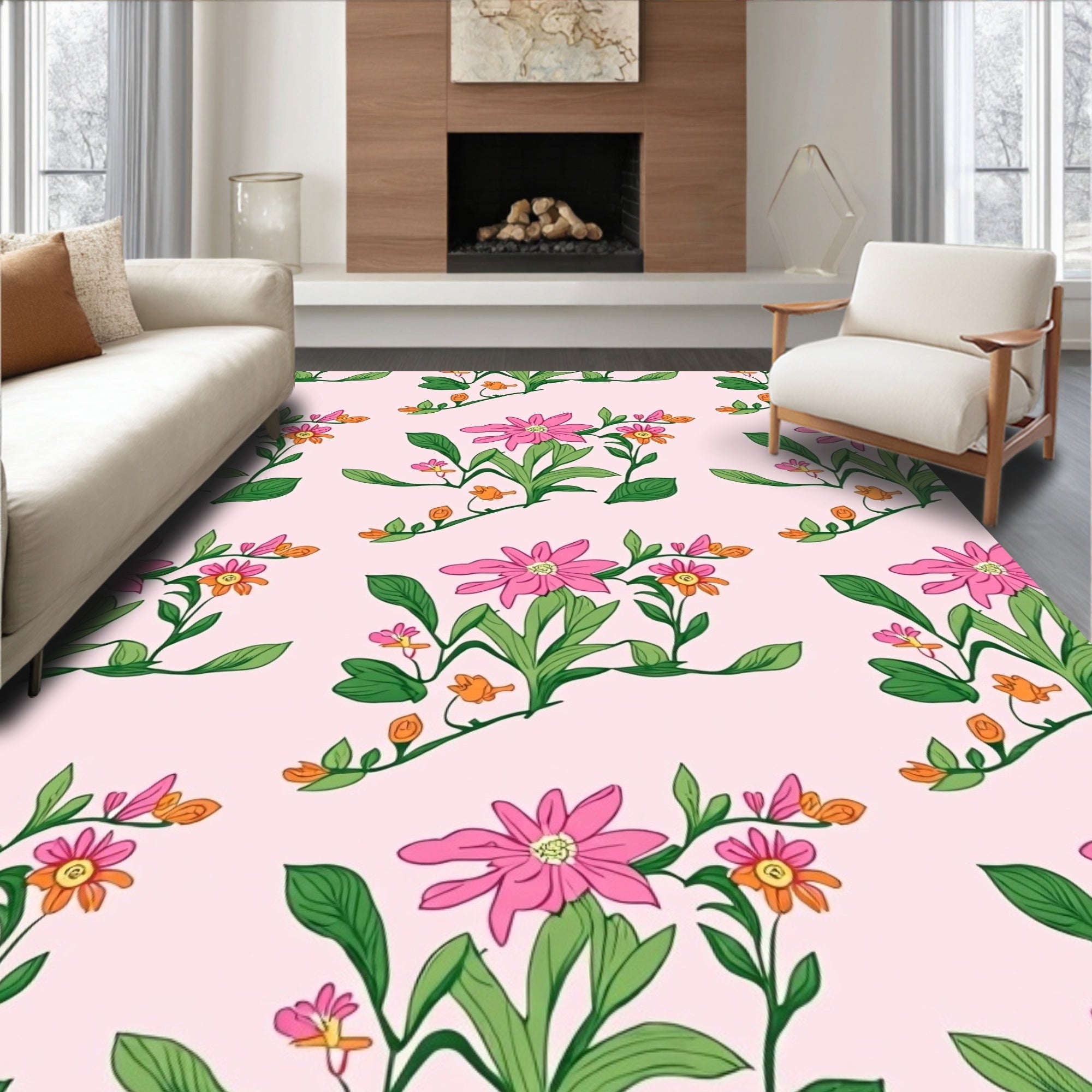Pink Floral Botanical Pattern Rug