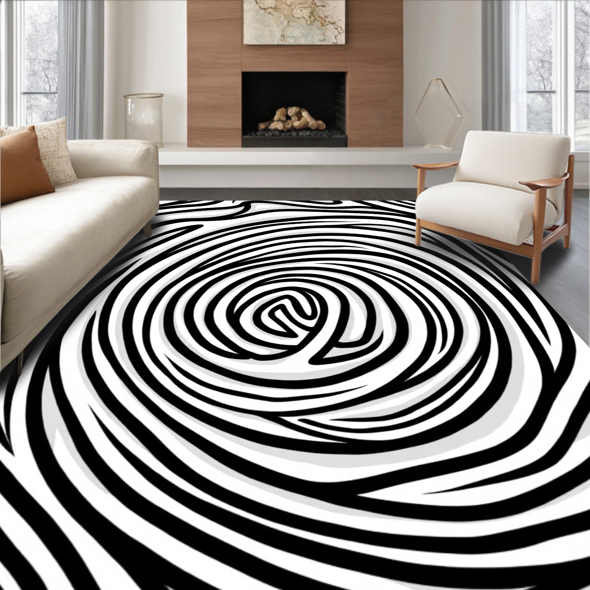 Abstract Black White Swirl Pattern Rug