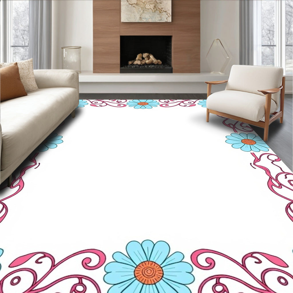 Floral Swirl Blue Pink Border Rug