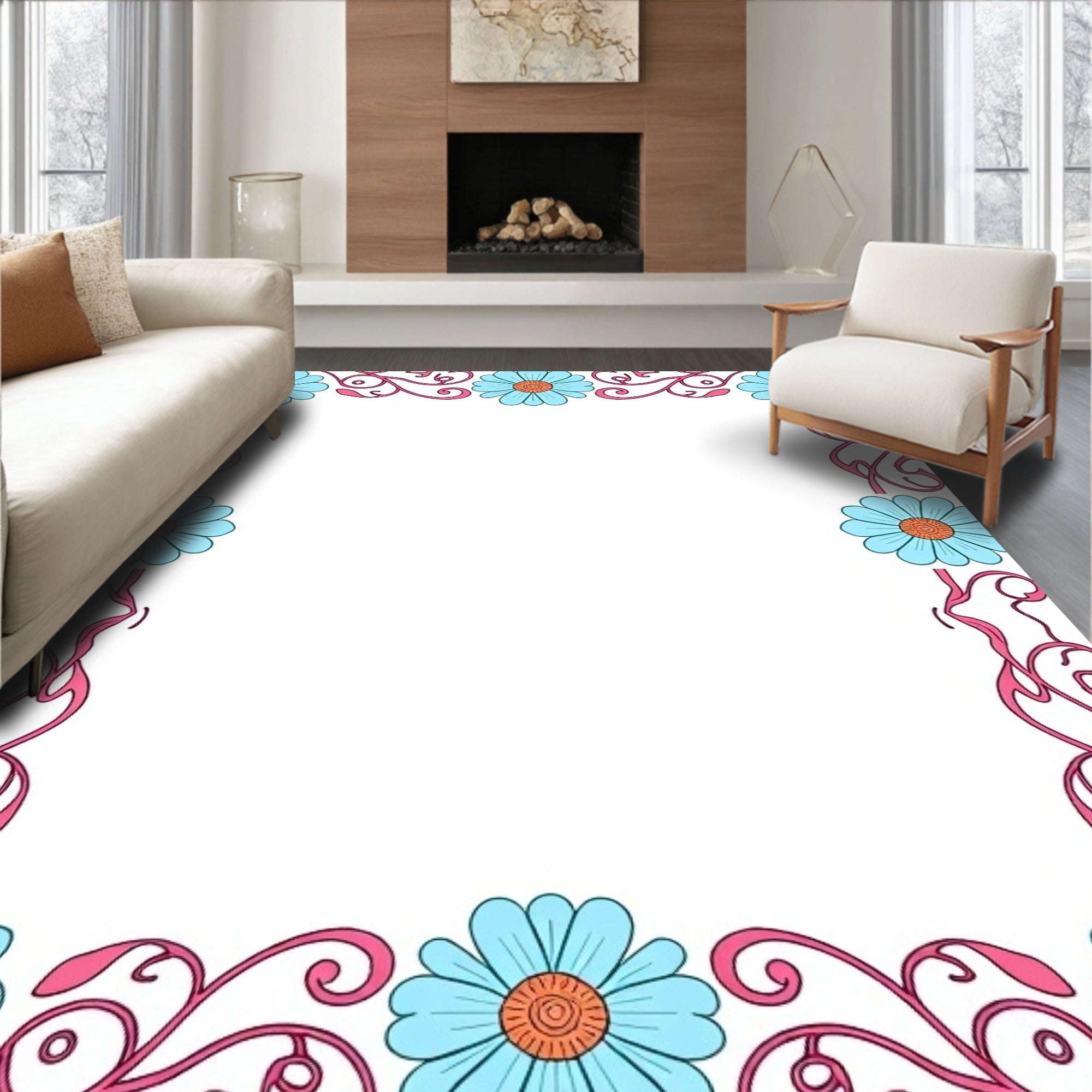 Floral Swirl Blue Pink Border Rug