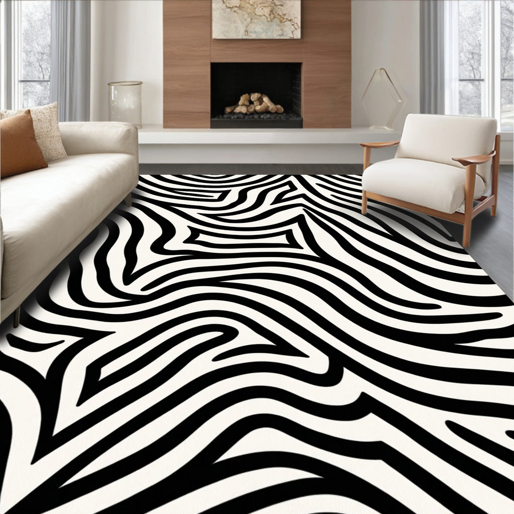 Bold Black White Abstract Stripes Rug