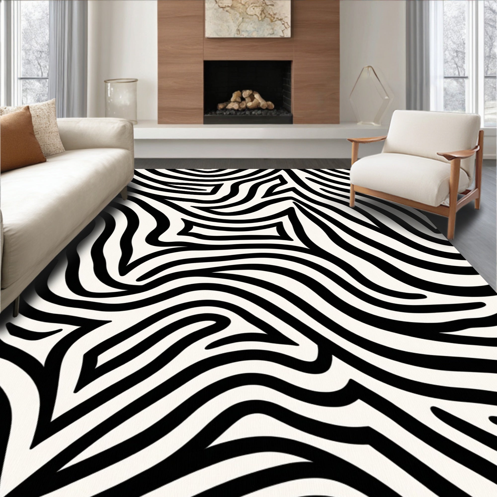 Bold Black White Abstract Stripes Rug