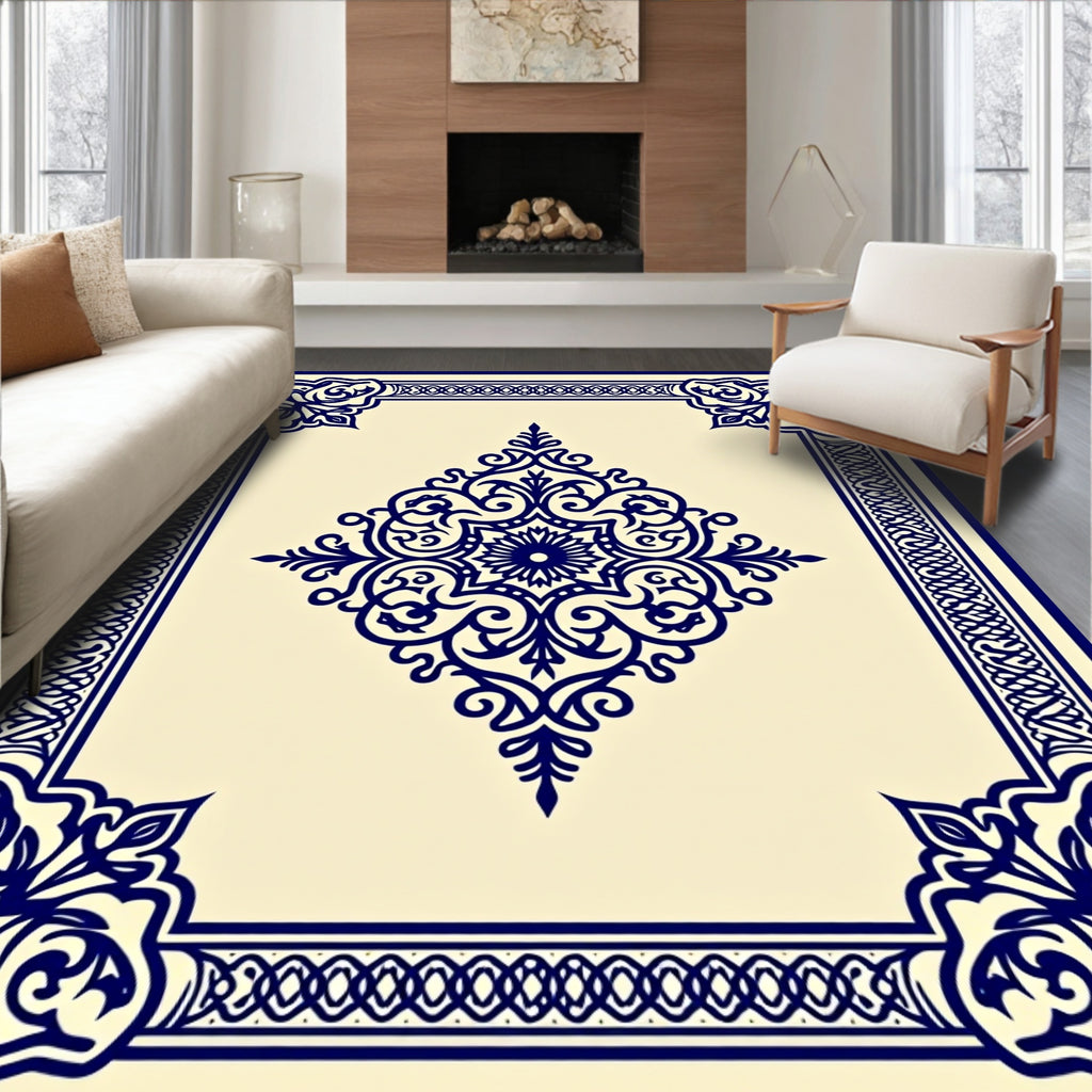 Intricate Dark Blue Floral Medallion Design Rug