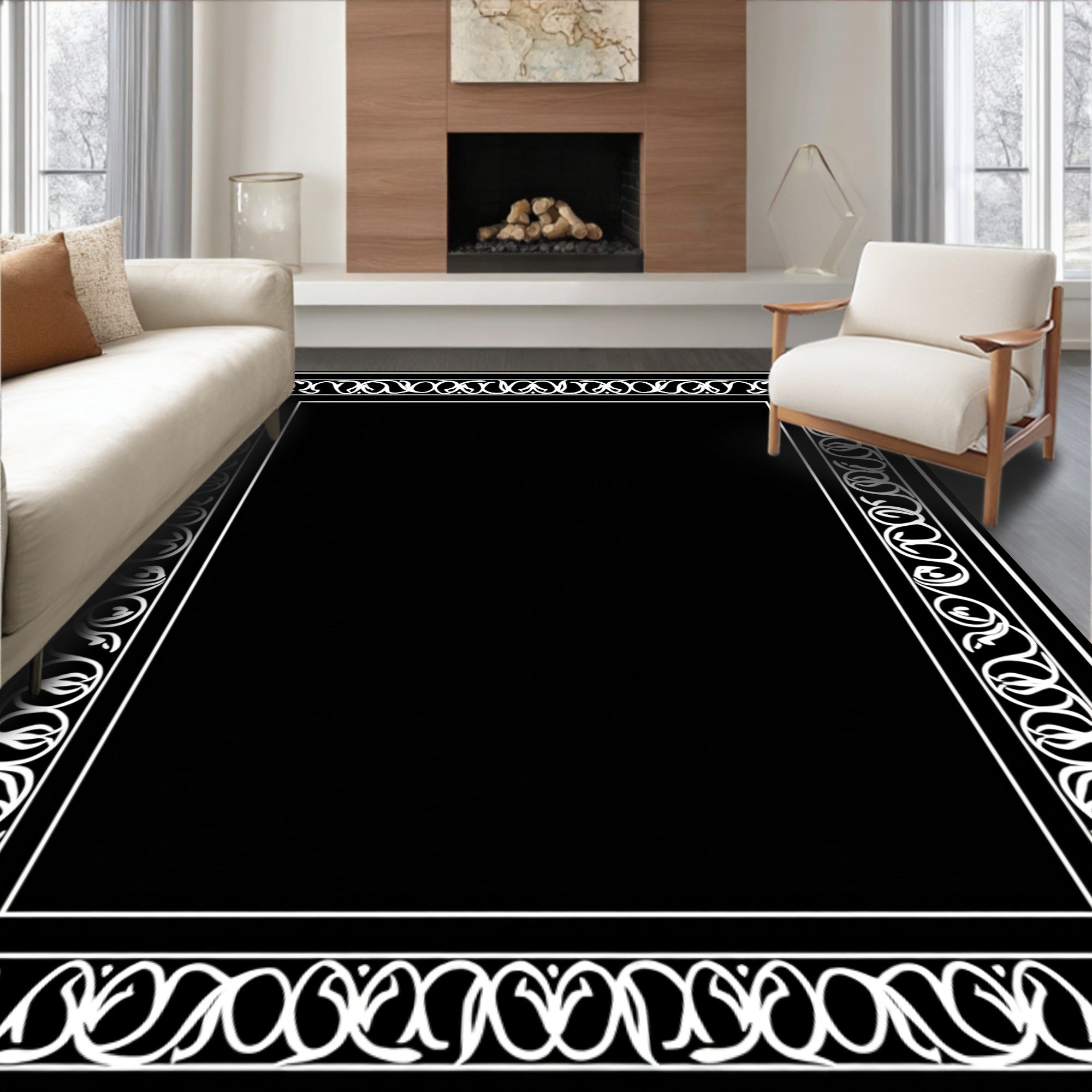 Classic White Floral Scroll Border Design Rug