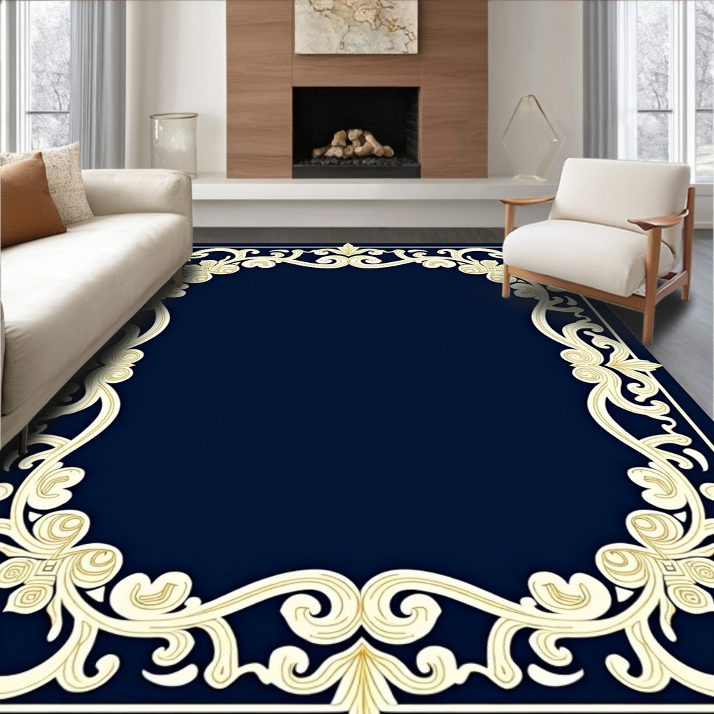 Ornate Gold Flourish Navy Border Rug