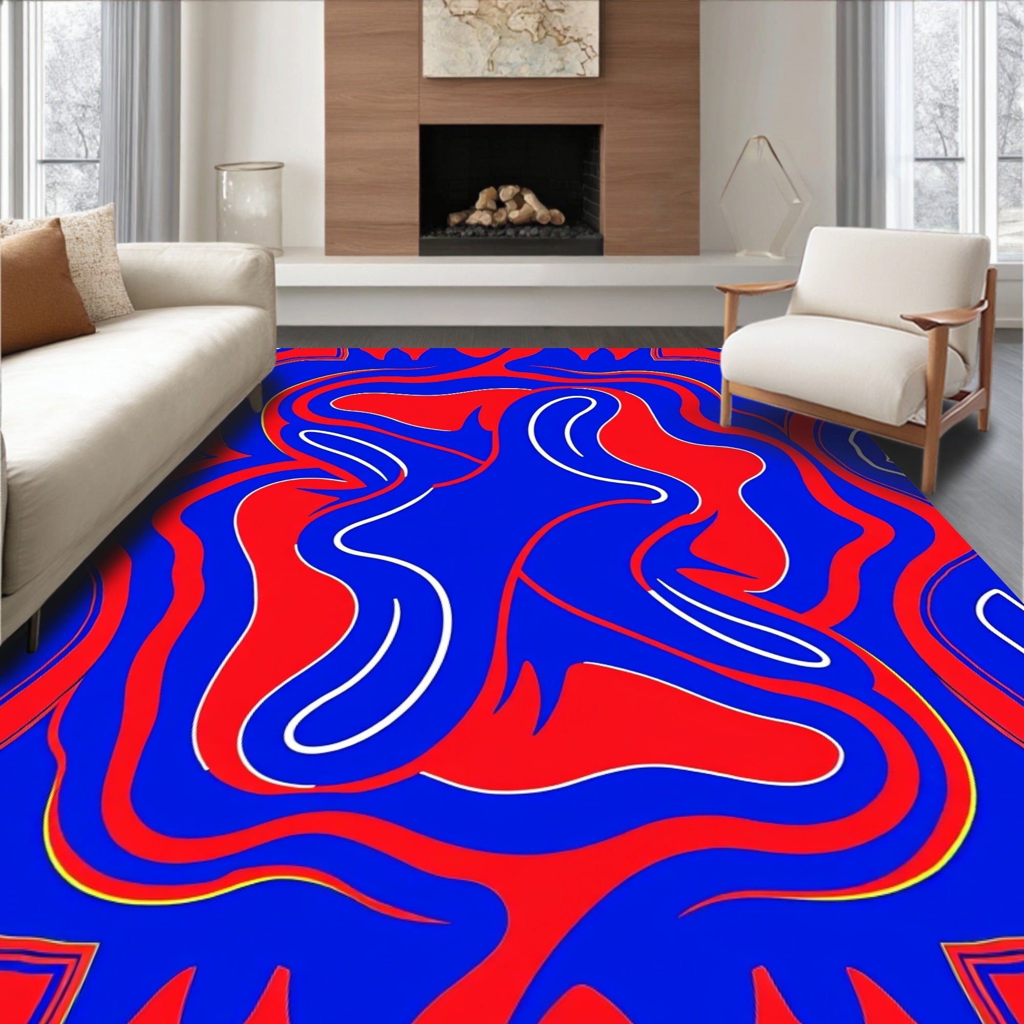 Vibrant Blue Red Abstract Flow Pattern Rug