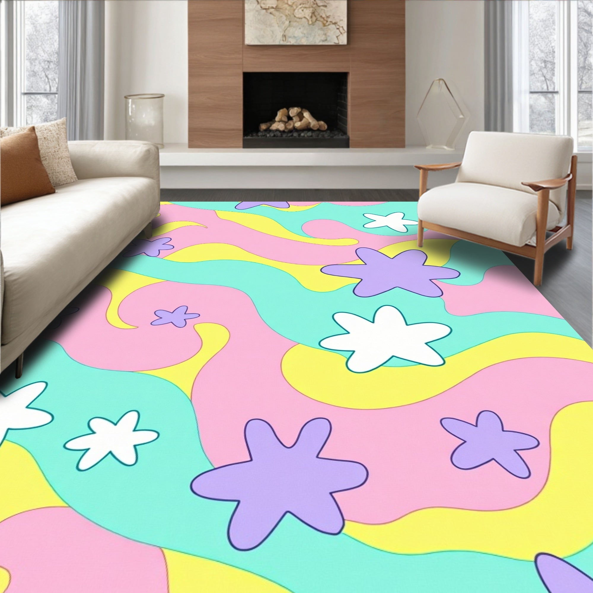 Retro Abstract Star Swirl Design Rug