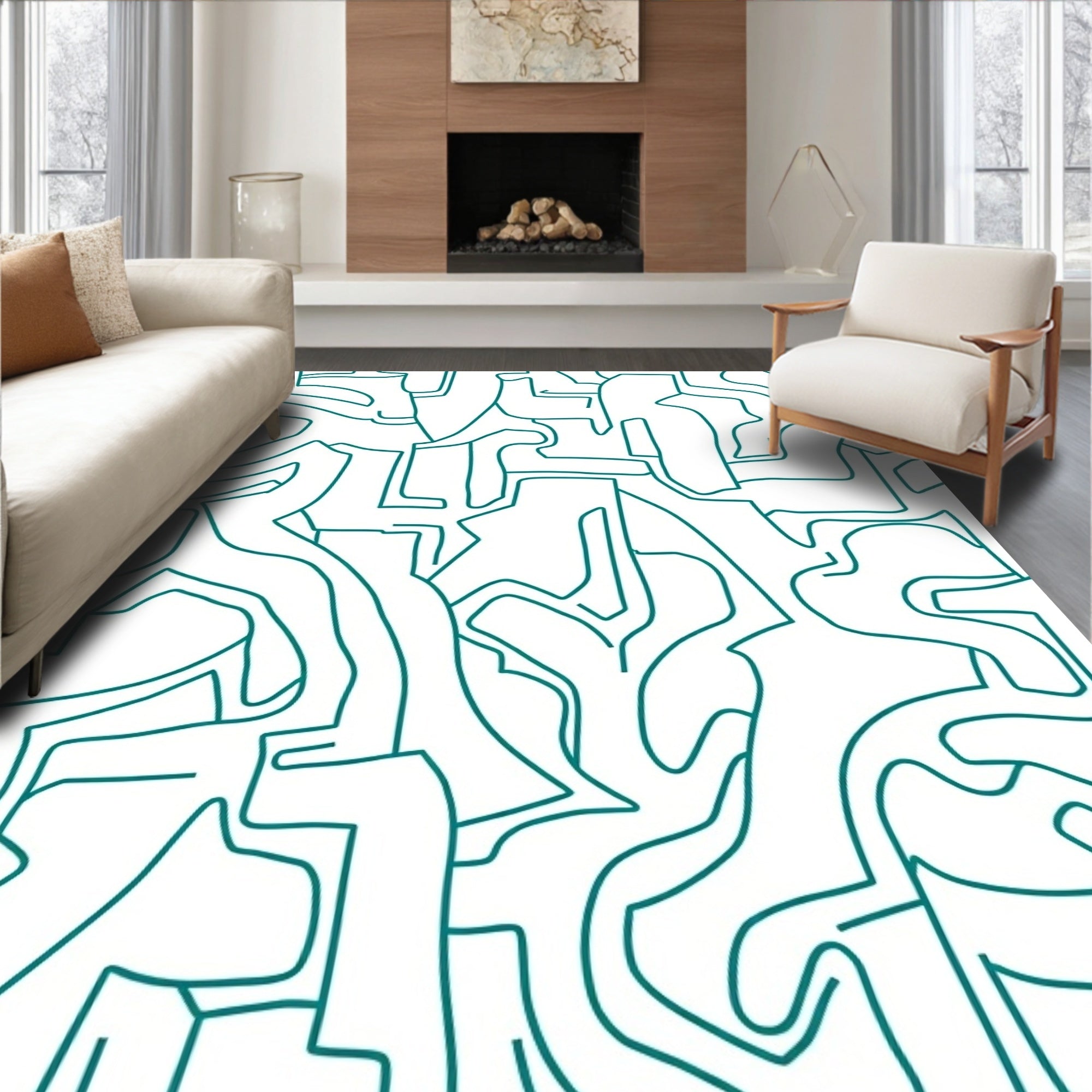 Abstract Teal Hand Drawn Lines Design Rug