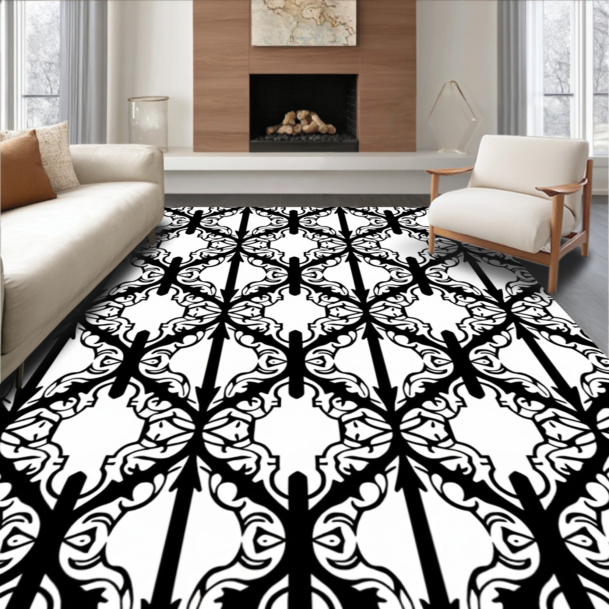 Intricate Black White Quatrefoil Pattern Rug