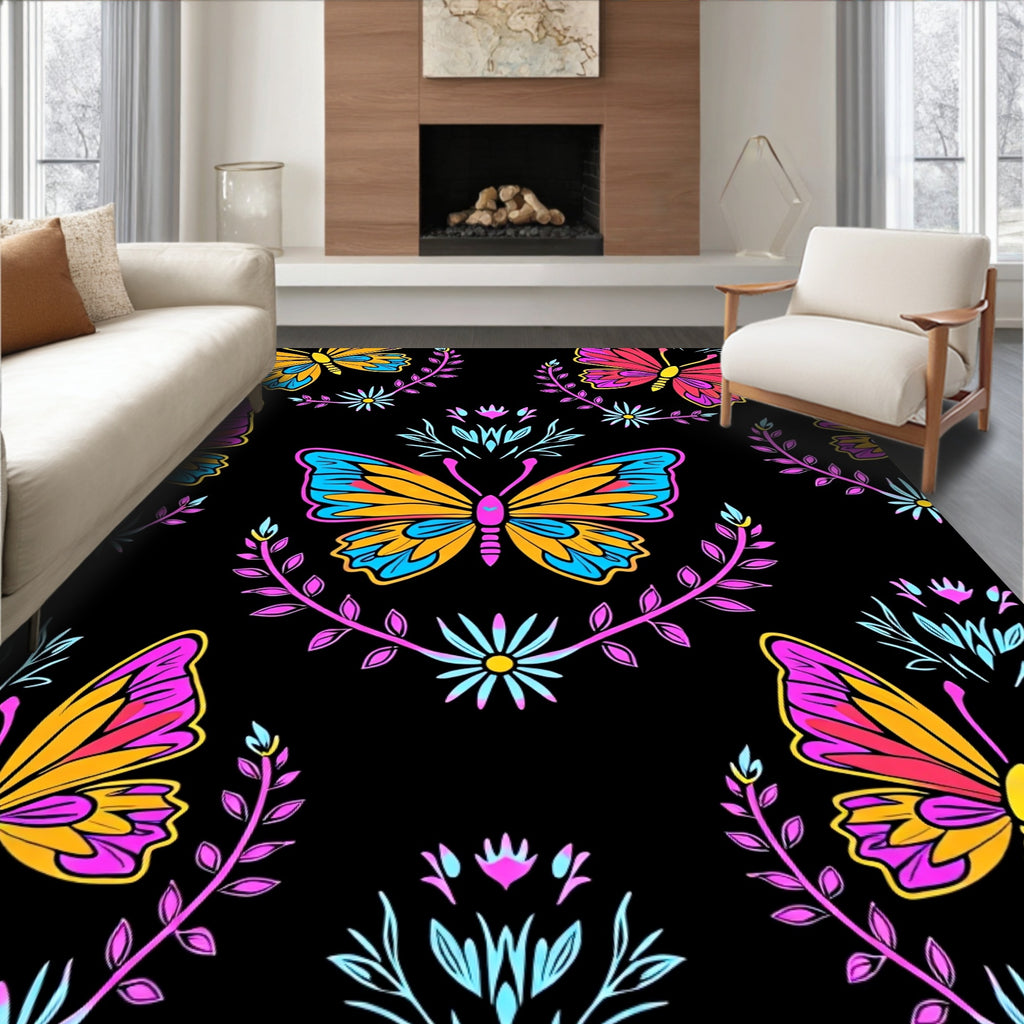 Vibrant Butterfly and Floral Pattern Rug