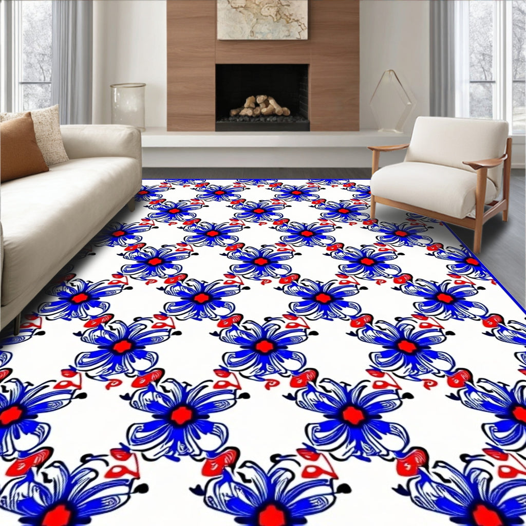 Bold Blue Red Floral Pattern Rug