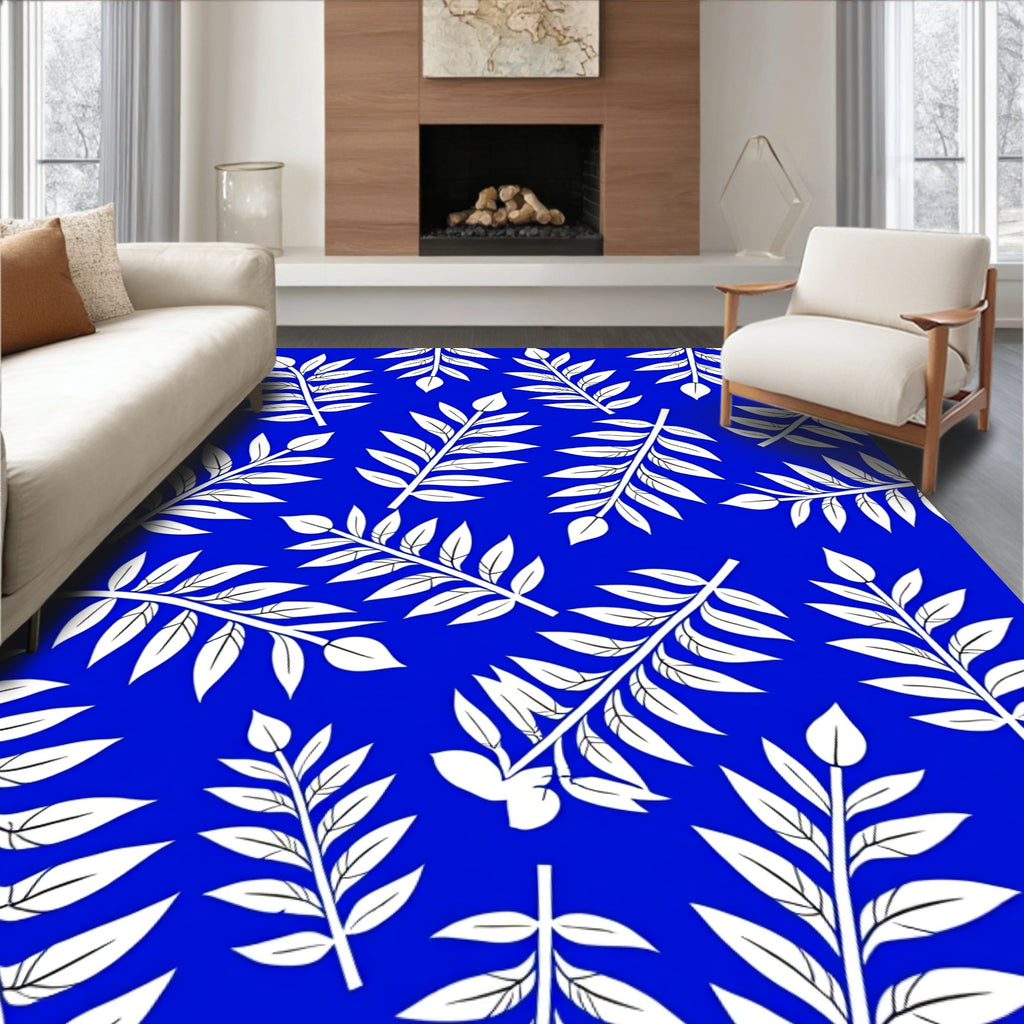 White Leaf Branches On Blue Rug