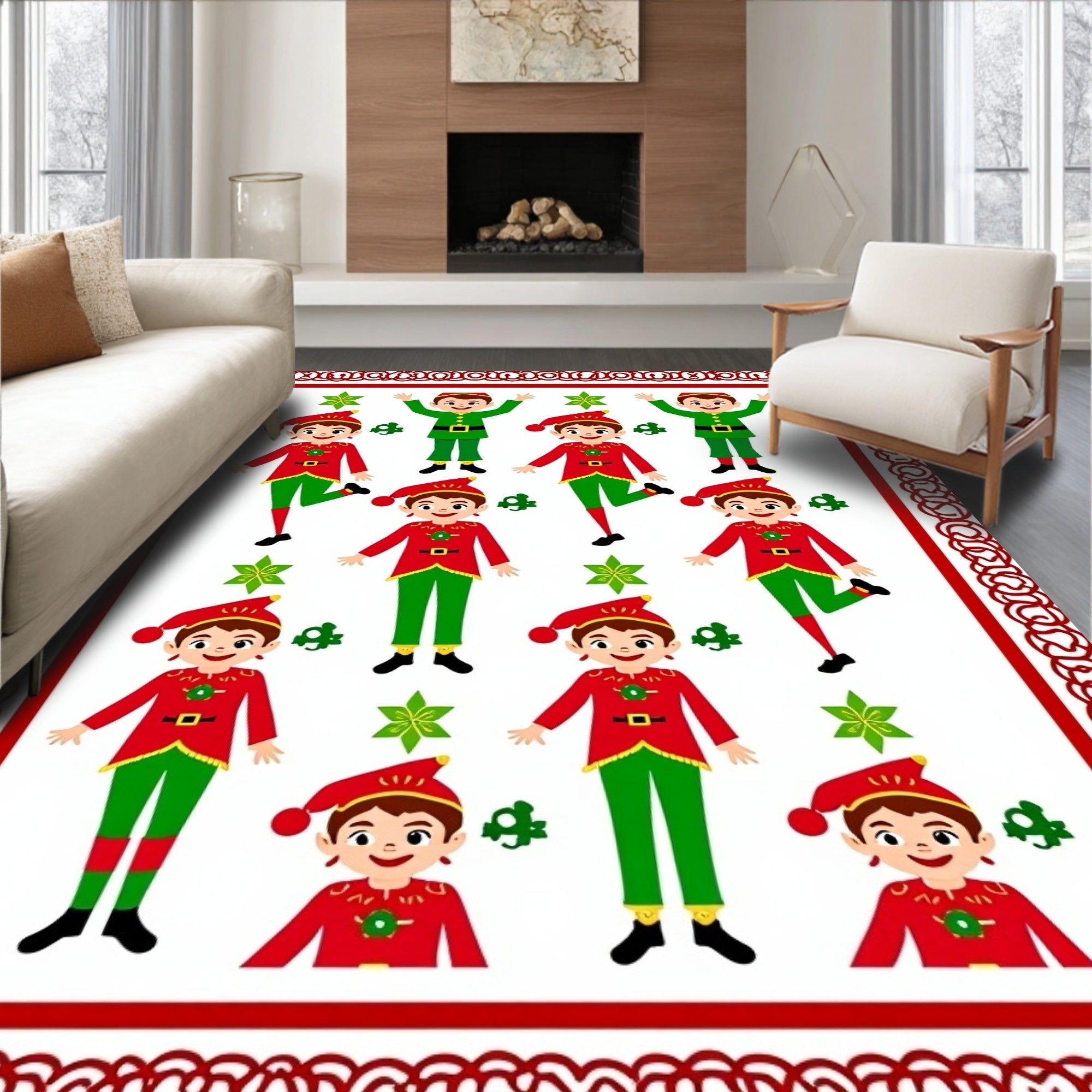 Festive Red Green Elf Repeating Pattern Rug
