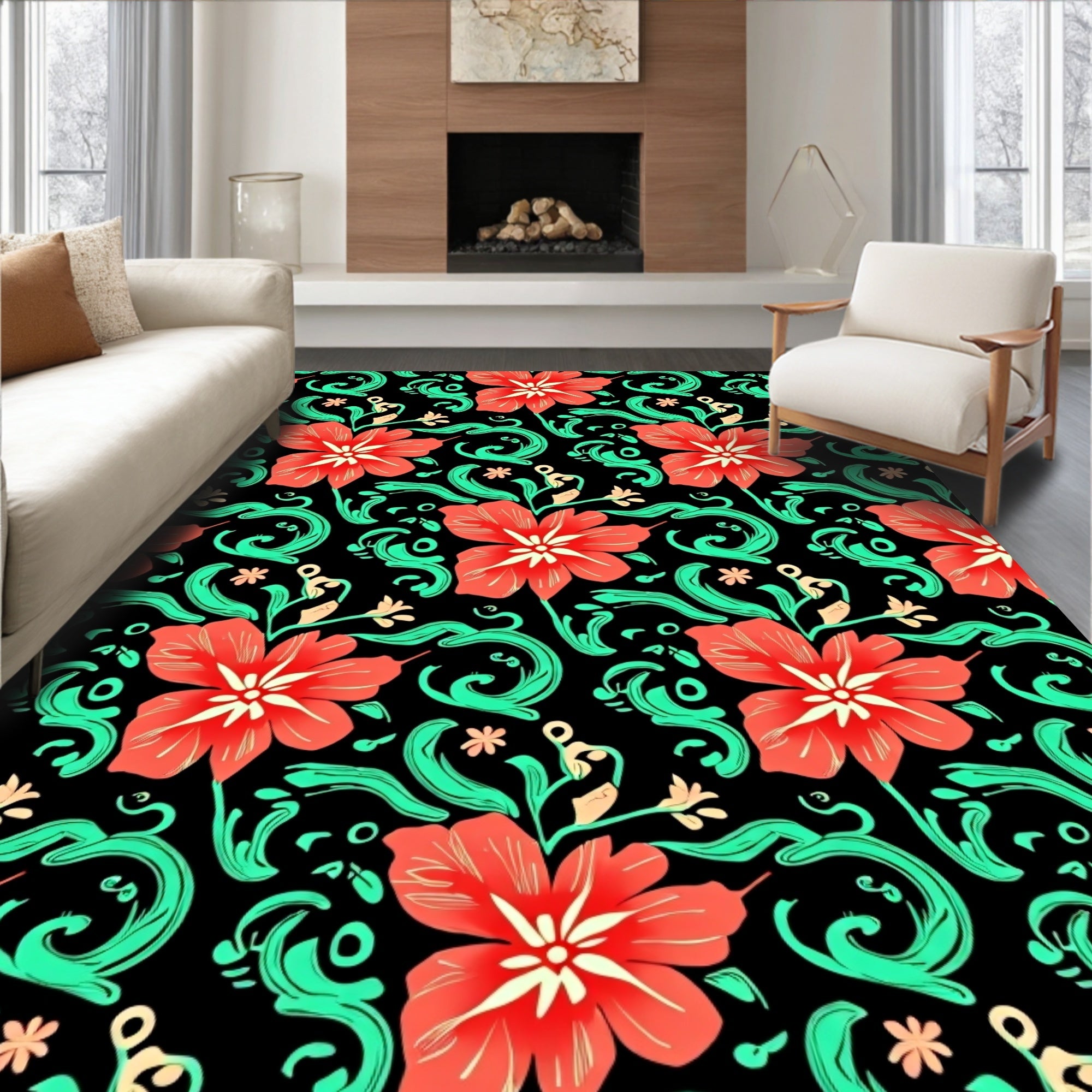 Vibrant Red Floral Swirl Pattern Rug