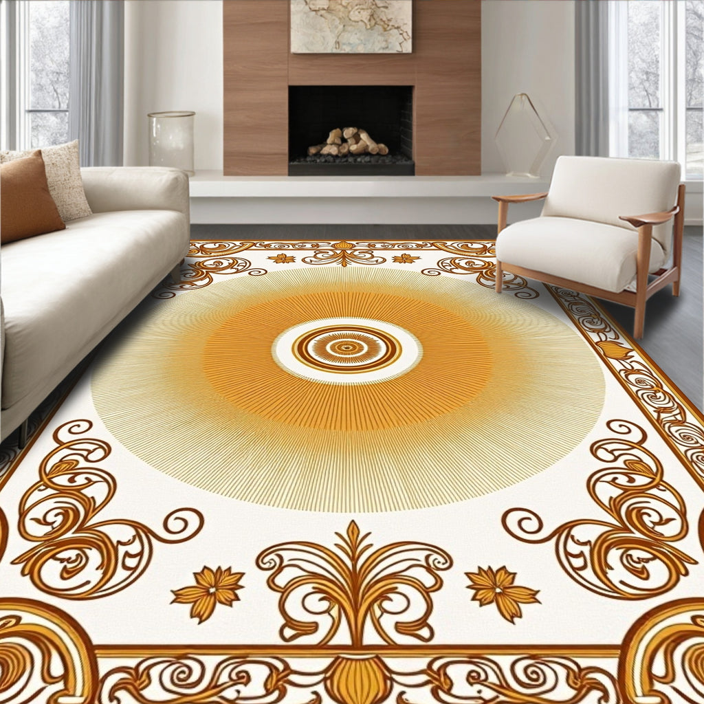 Golden Sunburst Ornate Scrollwork Rug