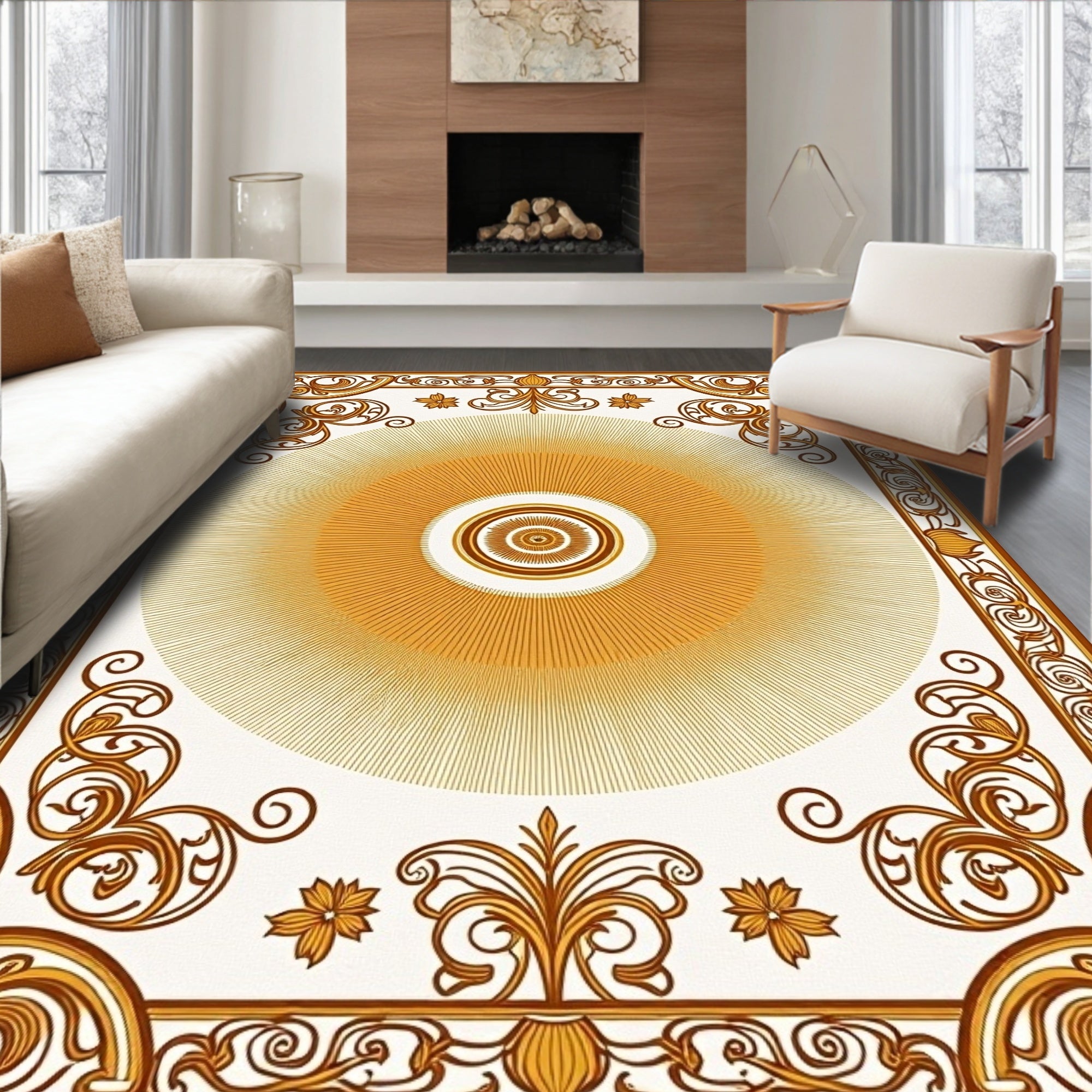 Golden Sunburst Ornate Scrollwork Rug