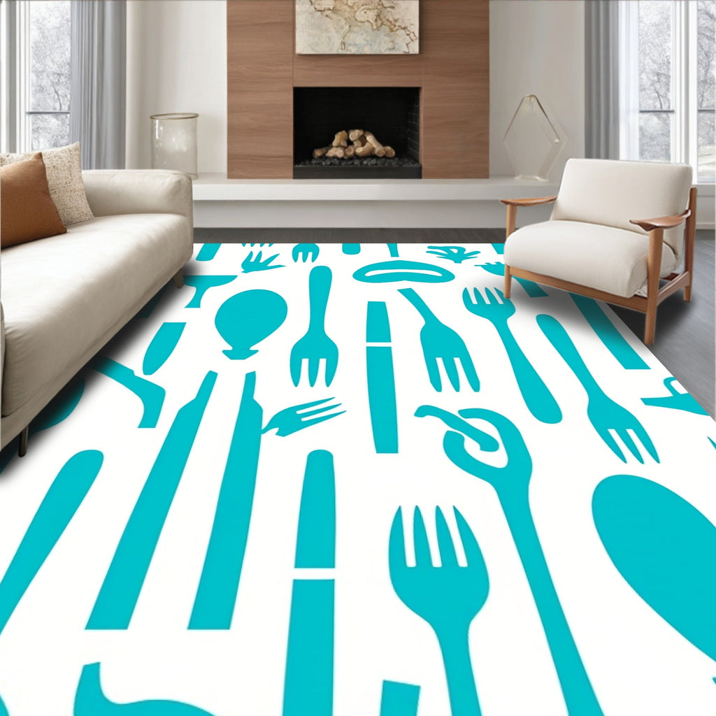 Teal Flatware Collage Art Rug
