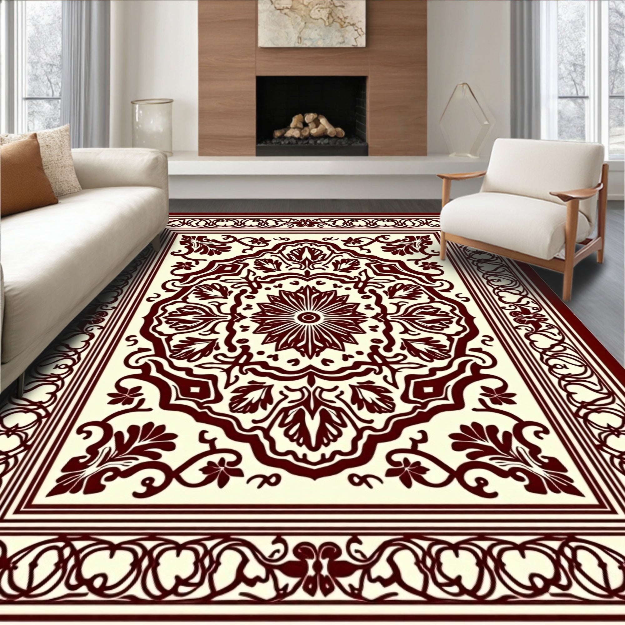 Maroon Floral Medallion Ornate Rug