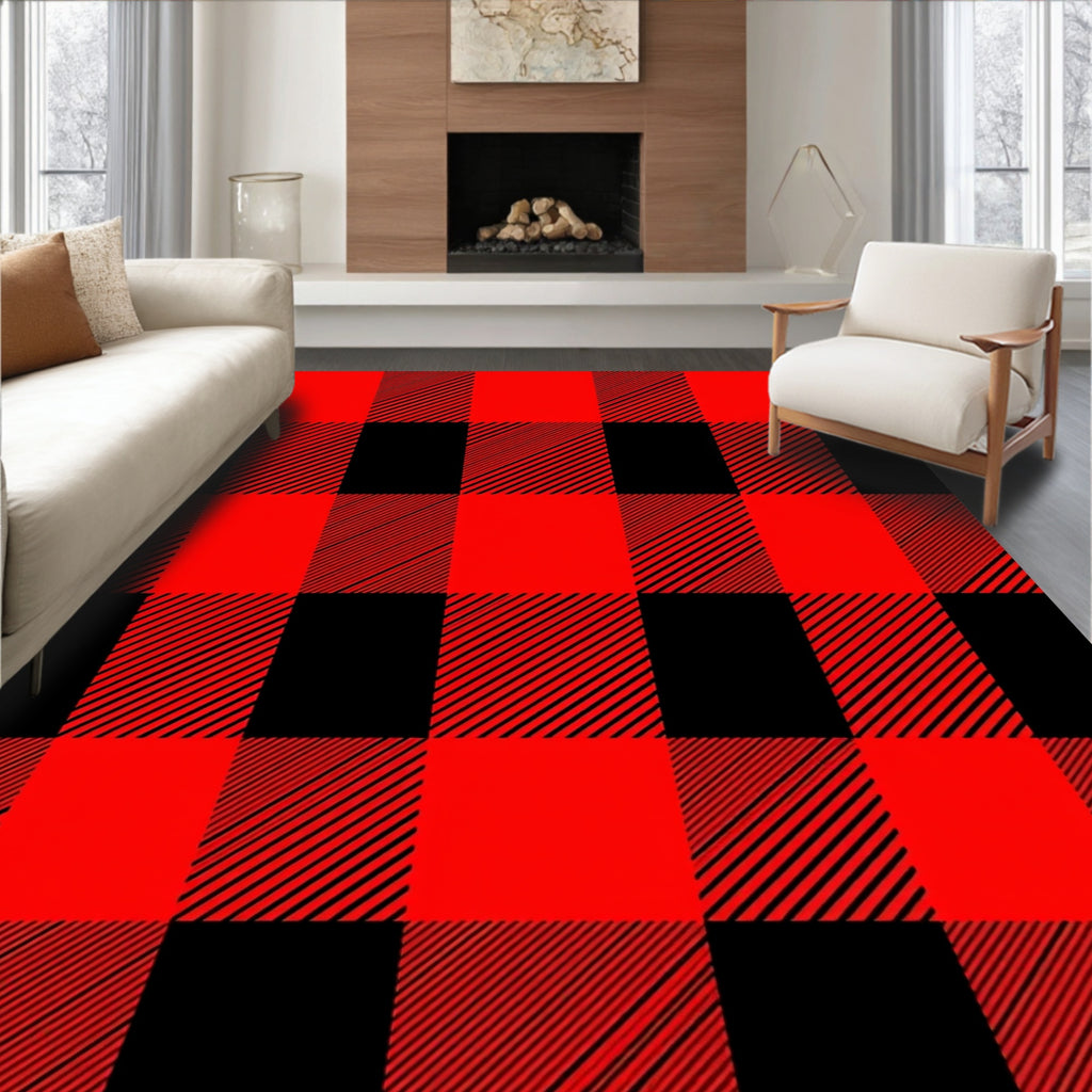 Red Black Checkered Pattern Rug