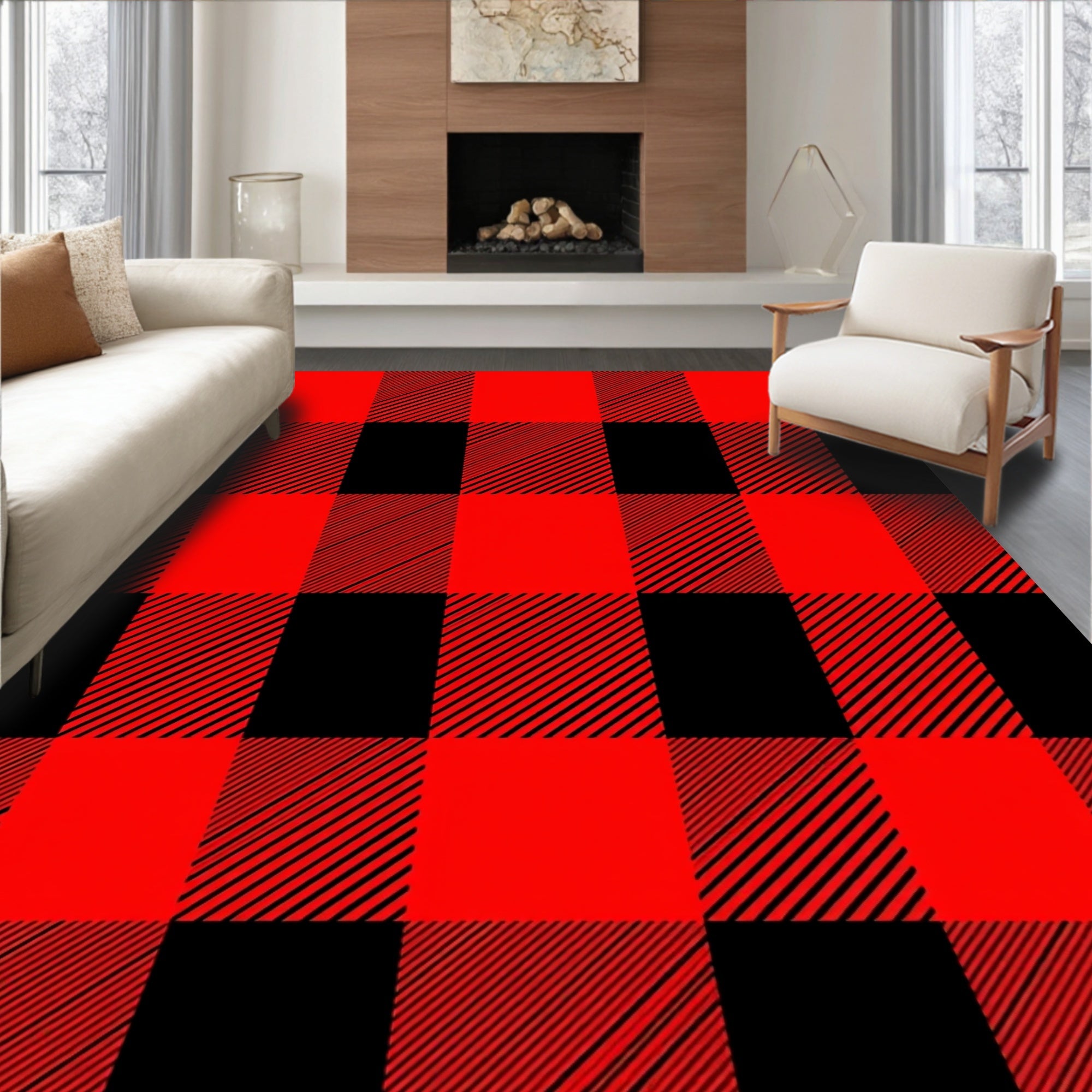 Red Black Checkered Pattern Rug