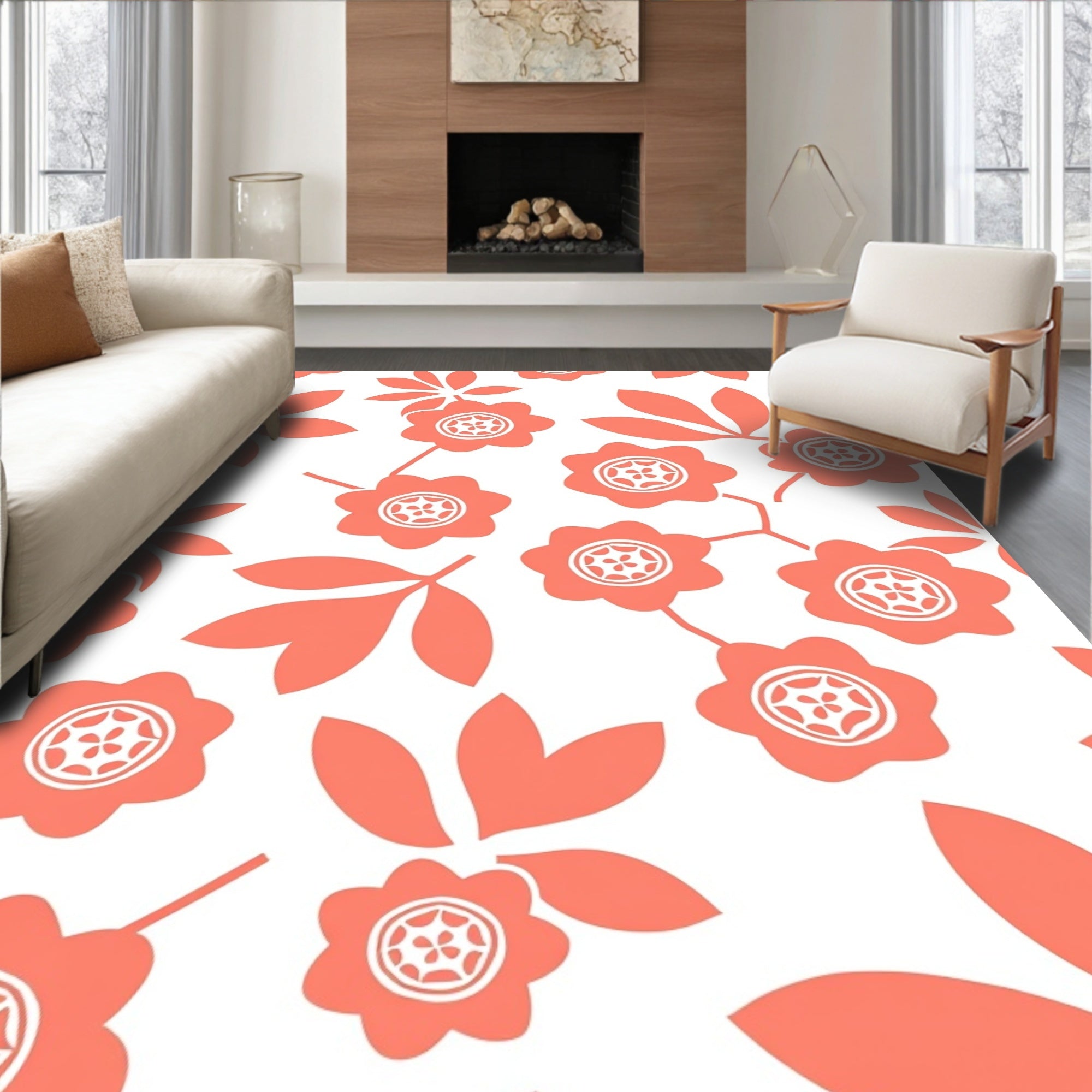 Coral Floral And Leaf Pattern Rug