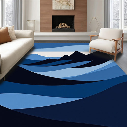 Abstract Blue Wave Mountain Landscape Rug