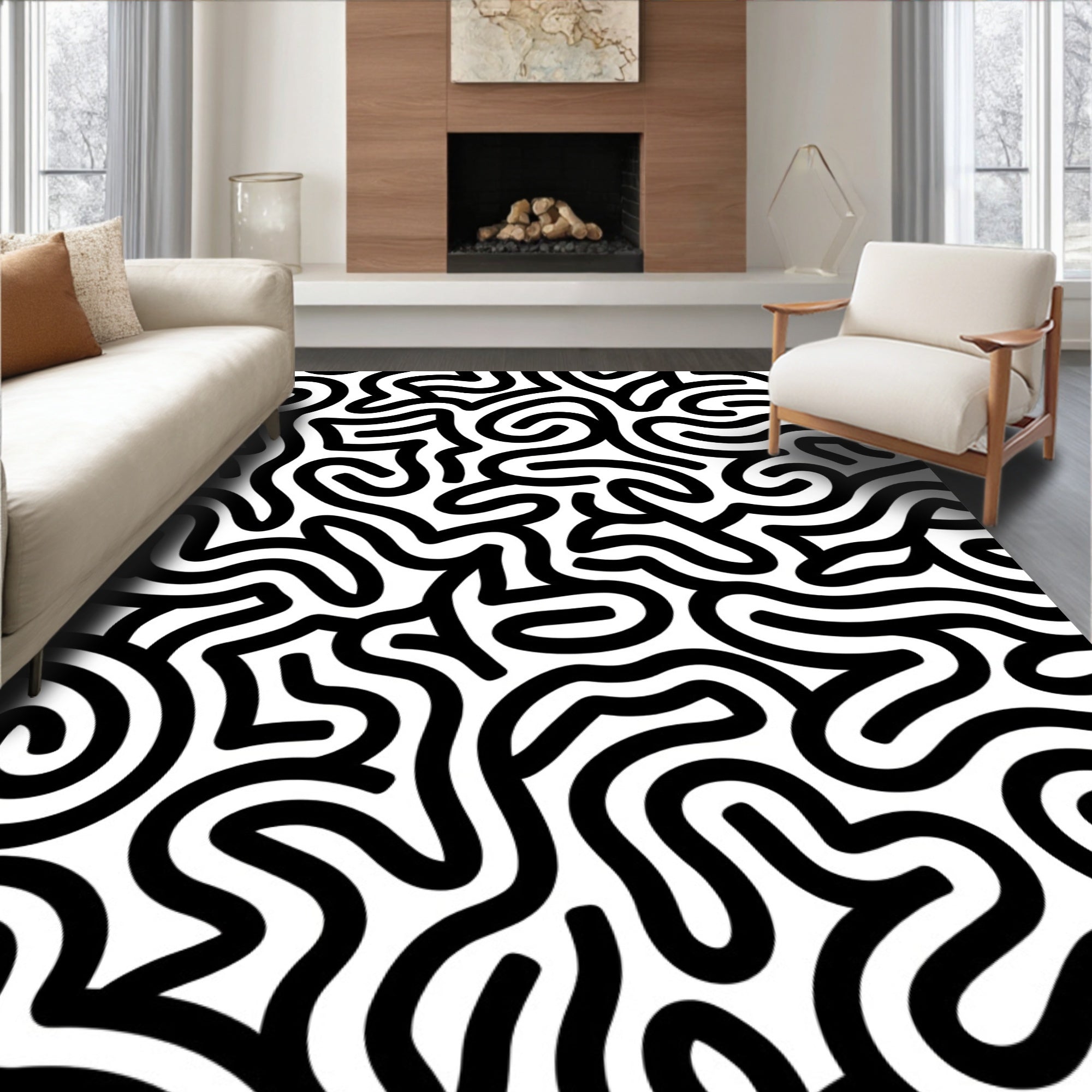 Abstract Black White Line Design Rug