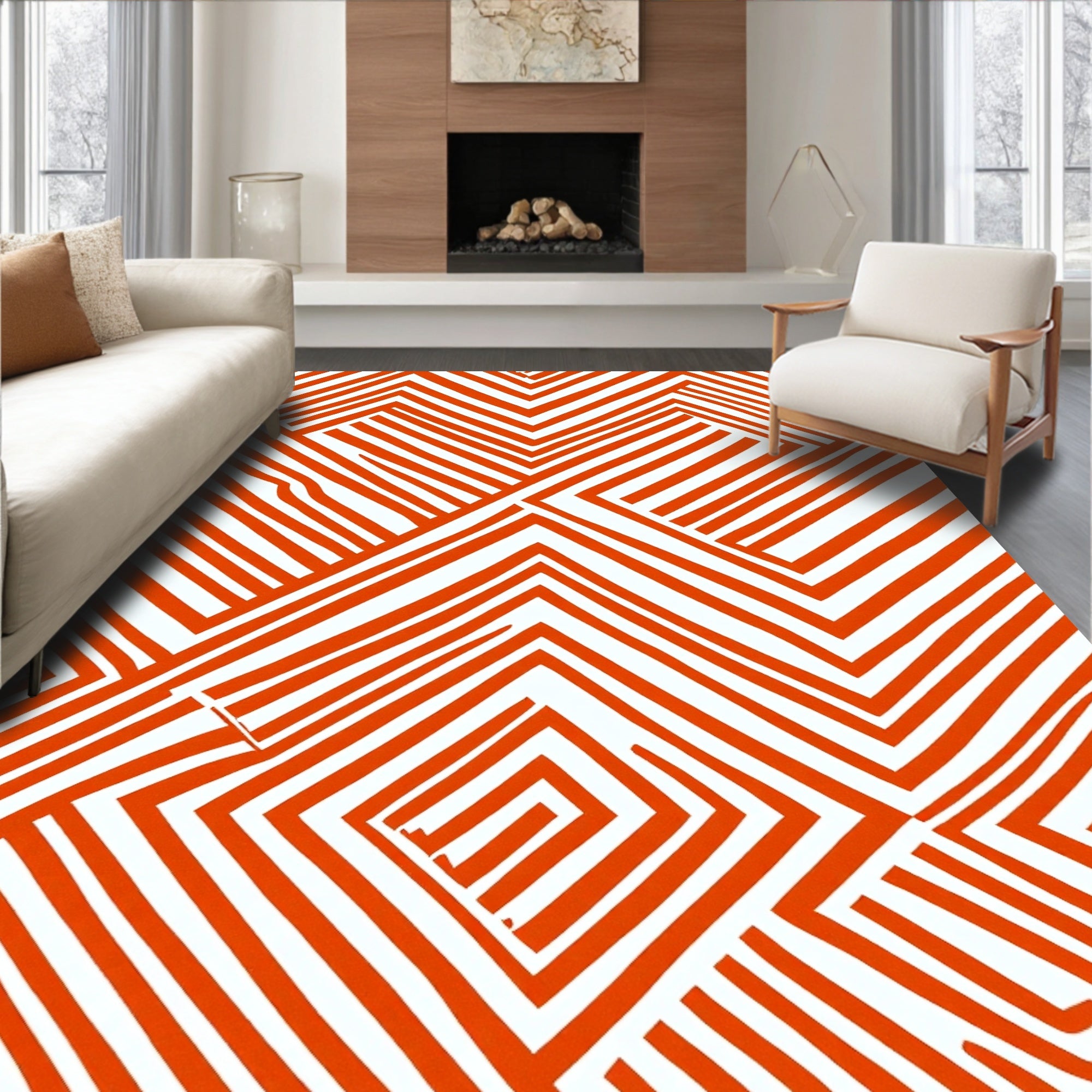 Bold Orange Geometric Zigzag Pattern Rug
