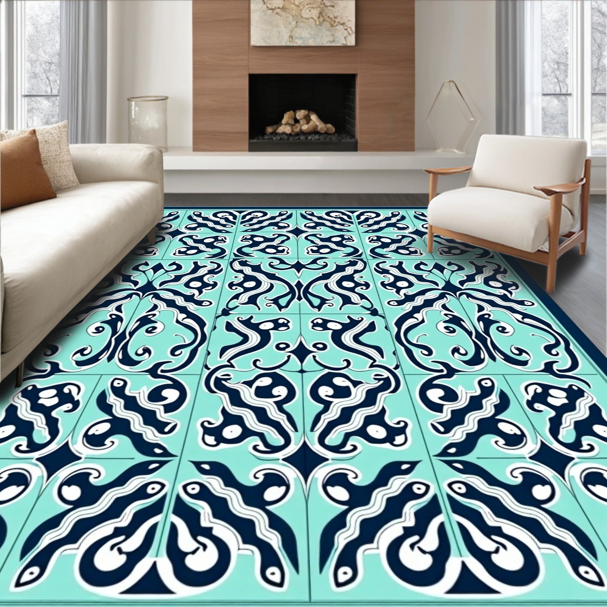 Teal Navy Abstract Tile Pattern Rug