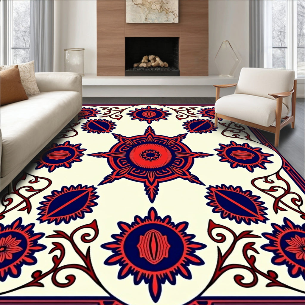 Bold Red Blue Floral Medallion Design Rug